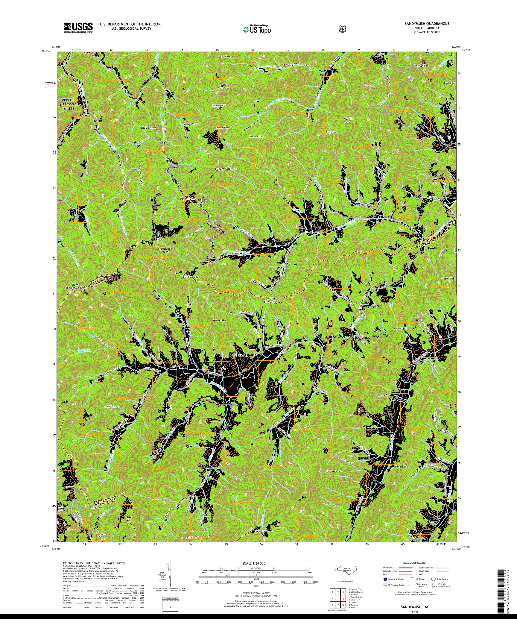 USGS US TOPO 7.5-MINUTE MAP FOR SANDYMUSH, NC 2019