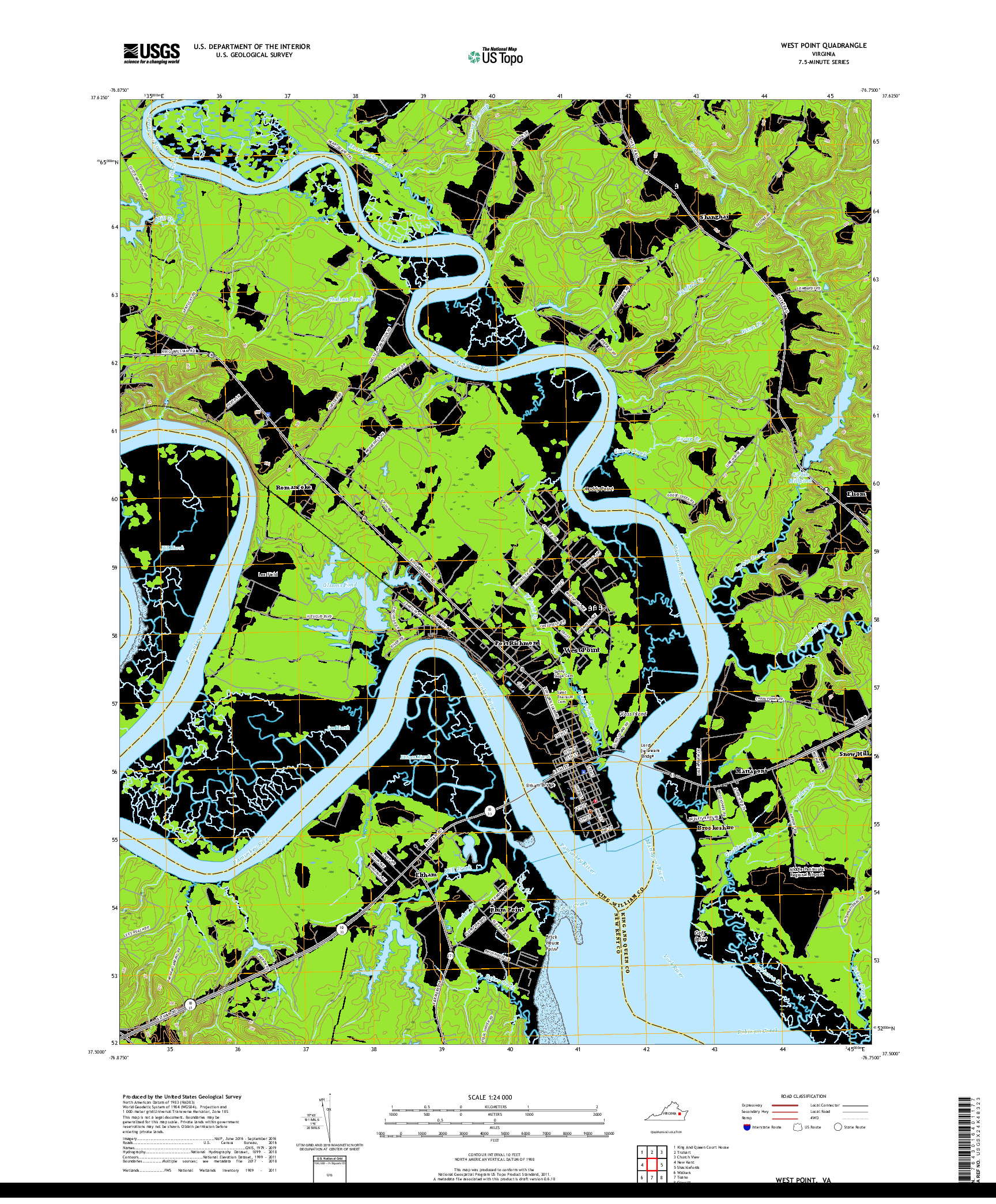 USGS US TOPO 7.5-MINUTE MAP FOR WEST POINT, VA 2019