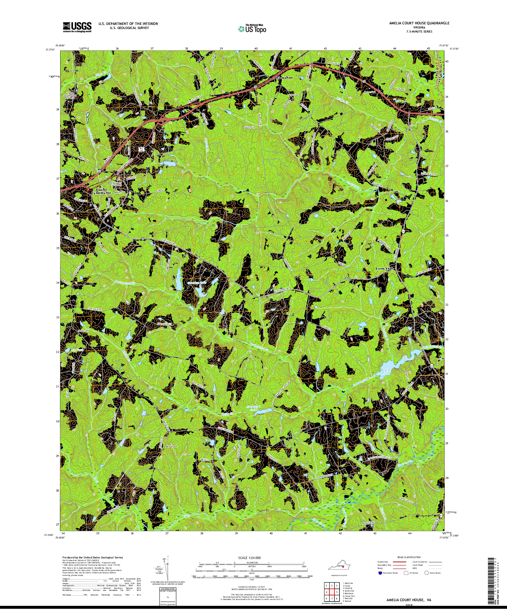 USGS US TOPO 7.5-MINUTE MAP FOR AMELIA COURT HOUSE, VA 2019