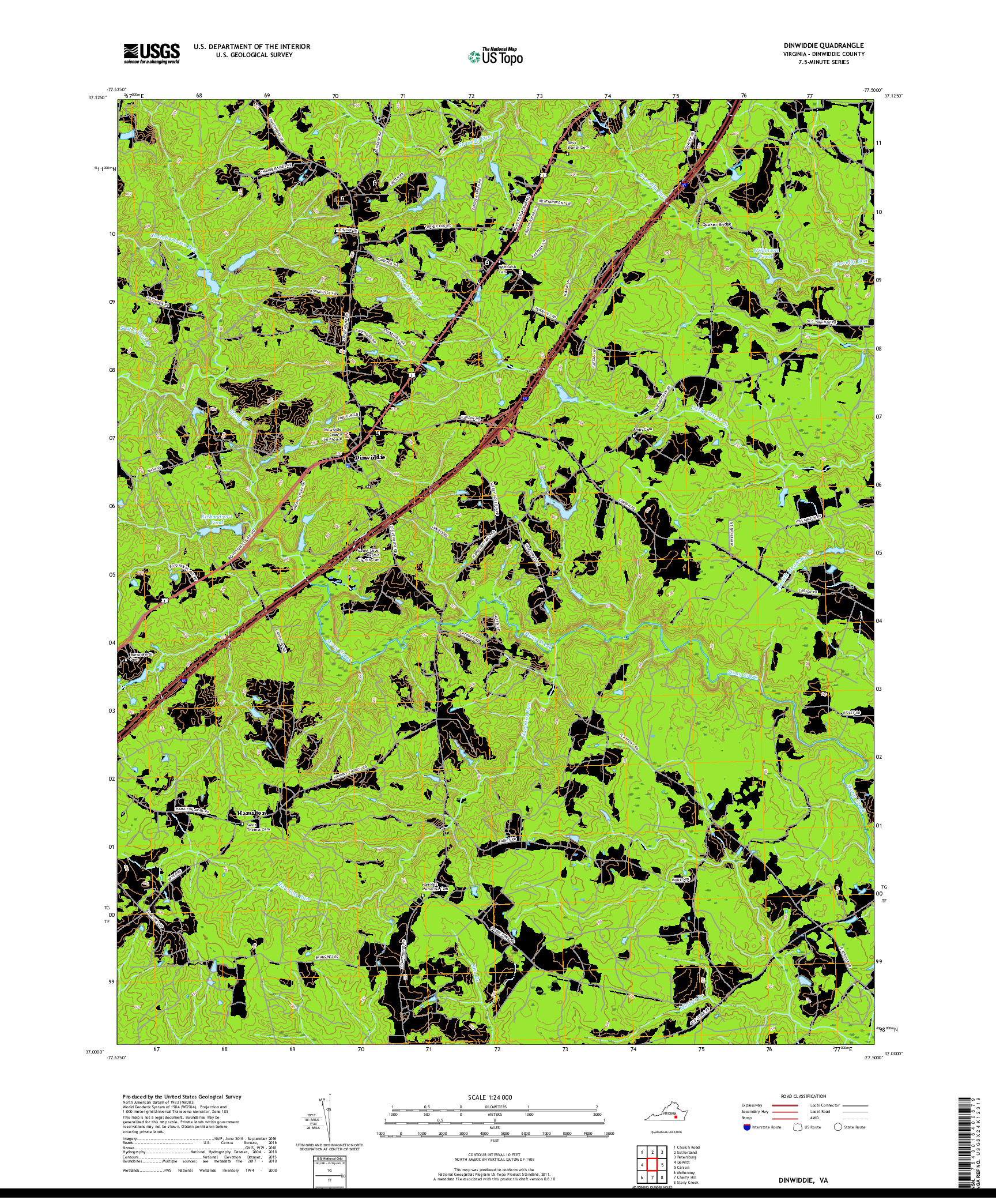 USGS US TOPO 7.5-MINUTE MAP FOR DINWIDDIE, VA 2019