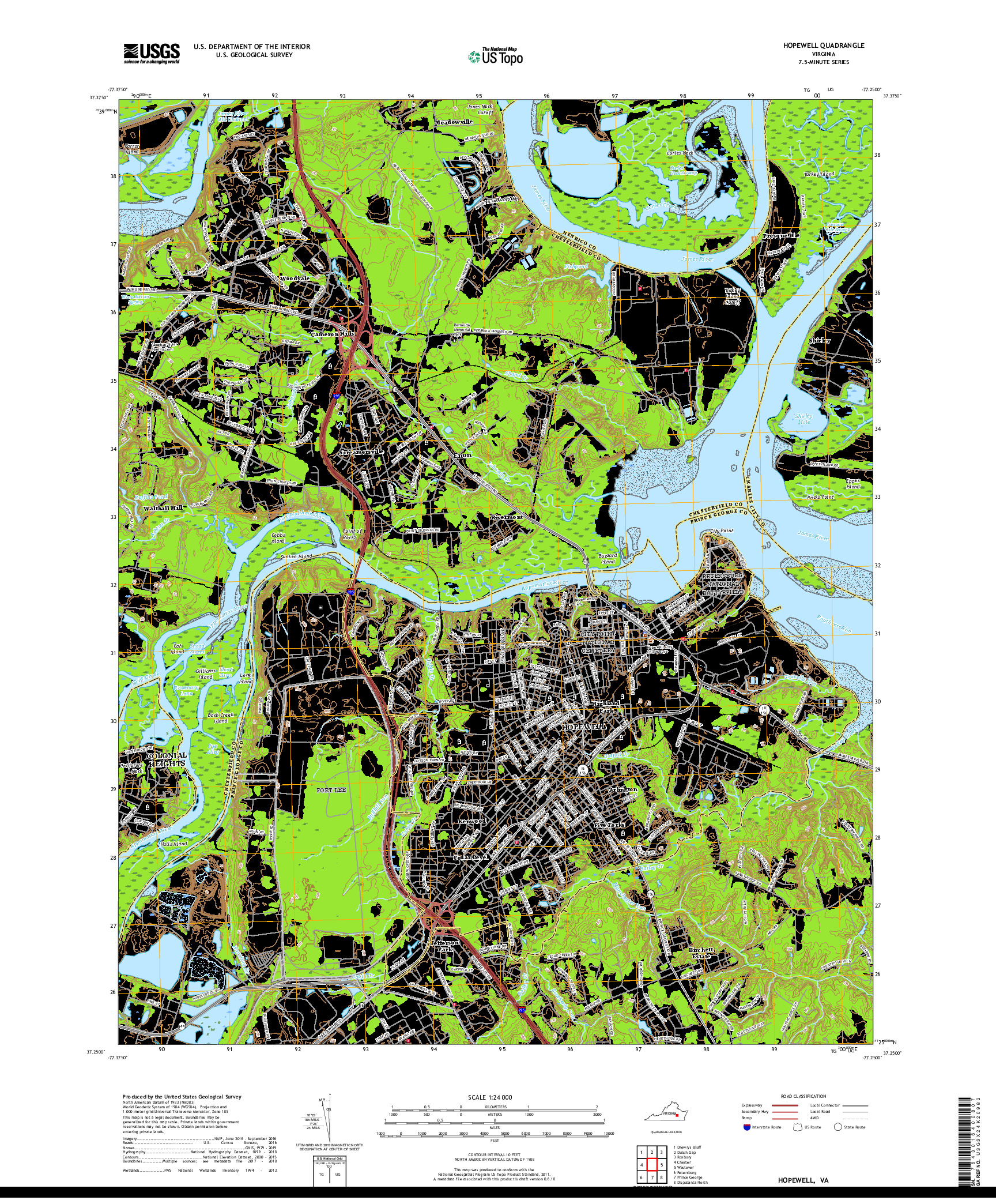 USGS US TOPO 7.5-MINUTE MAP FOR HOPEWELL, VA 2019