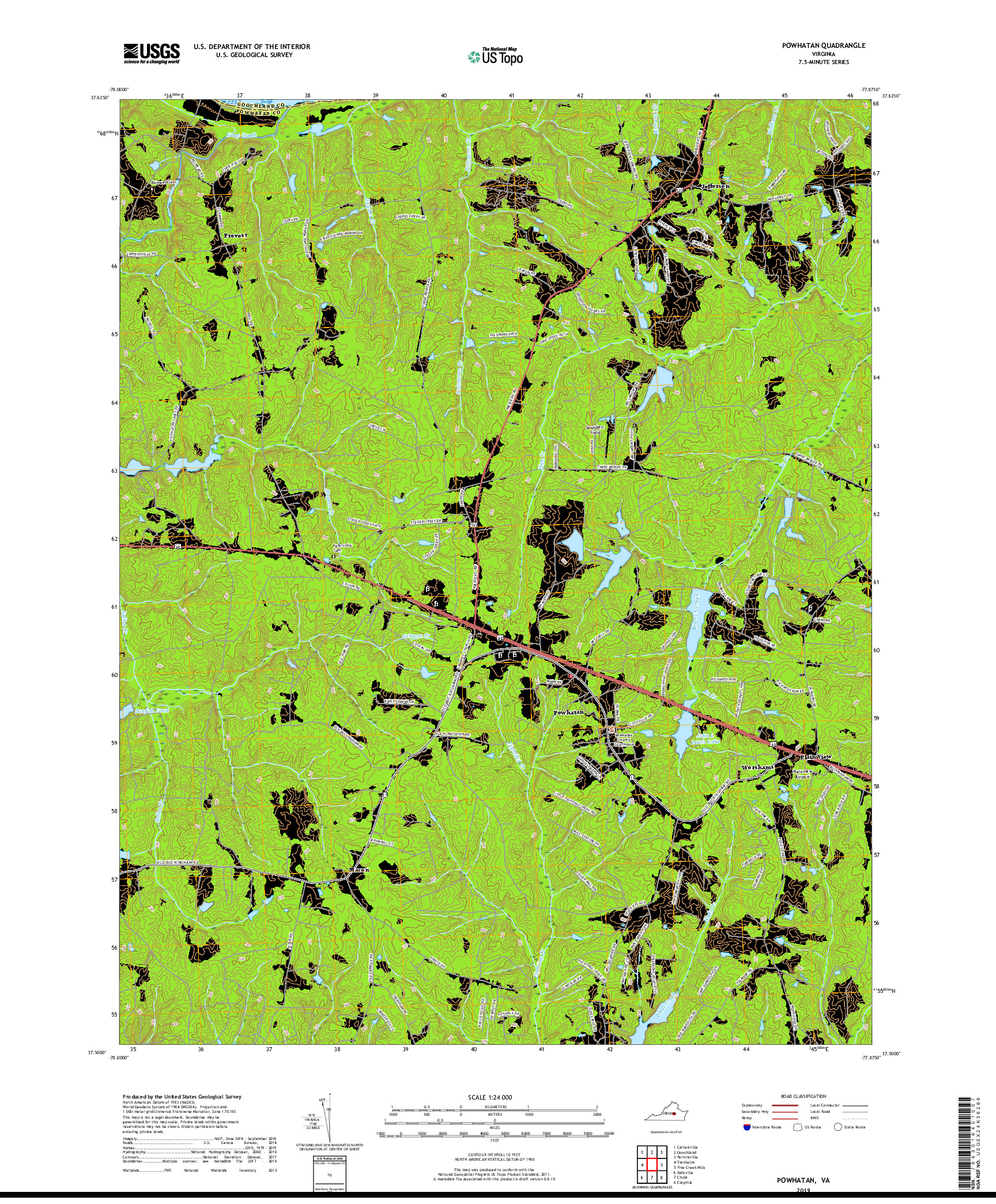 USGS US TOPO 7.5-MINUTE MAP FOR POWHATAN, VA 2019