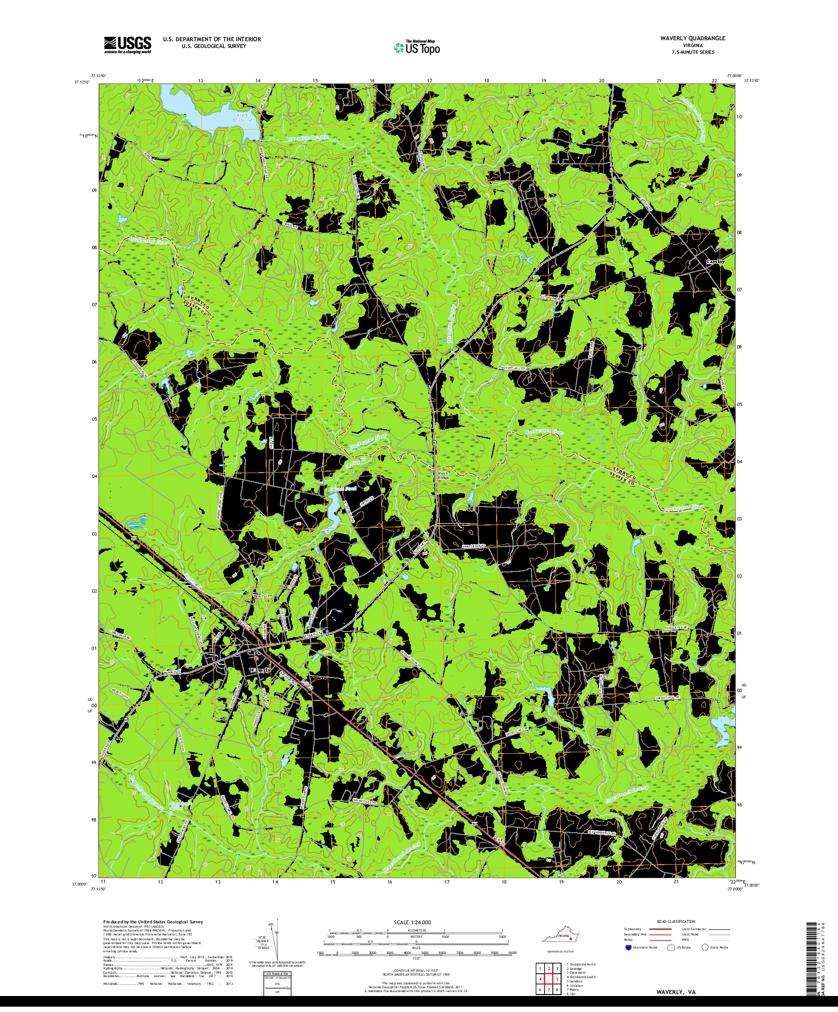 USGS US TOPO 7.5-MINUTE MAP FOR WAVERLY, VA 2019
