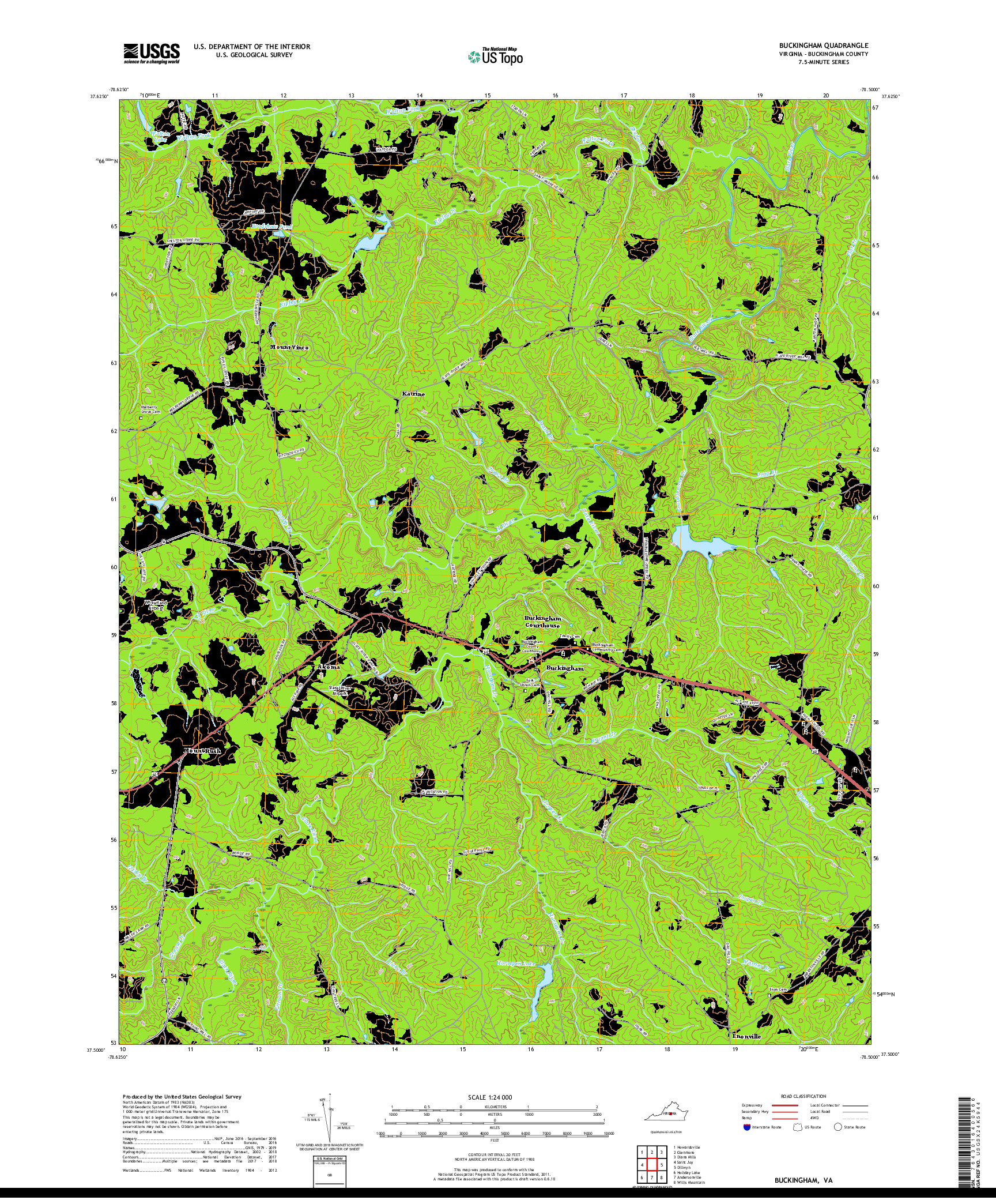 USGS US TOPO 7.5-MINUTE MAP FOR BUCKINGHAM, VA 2019