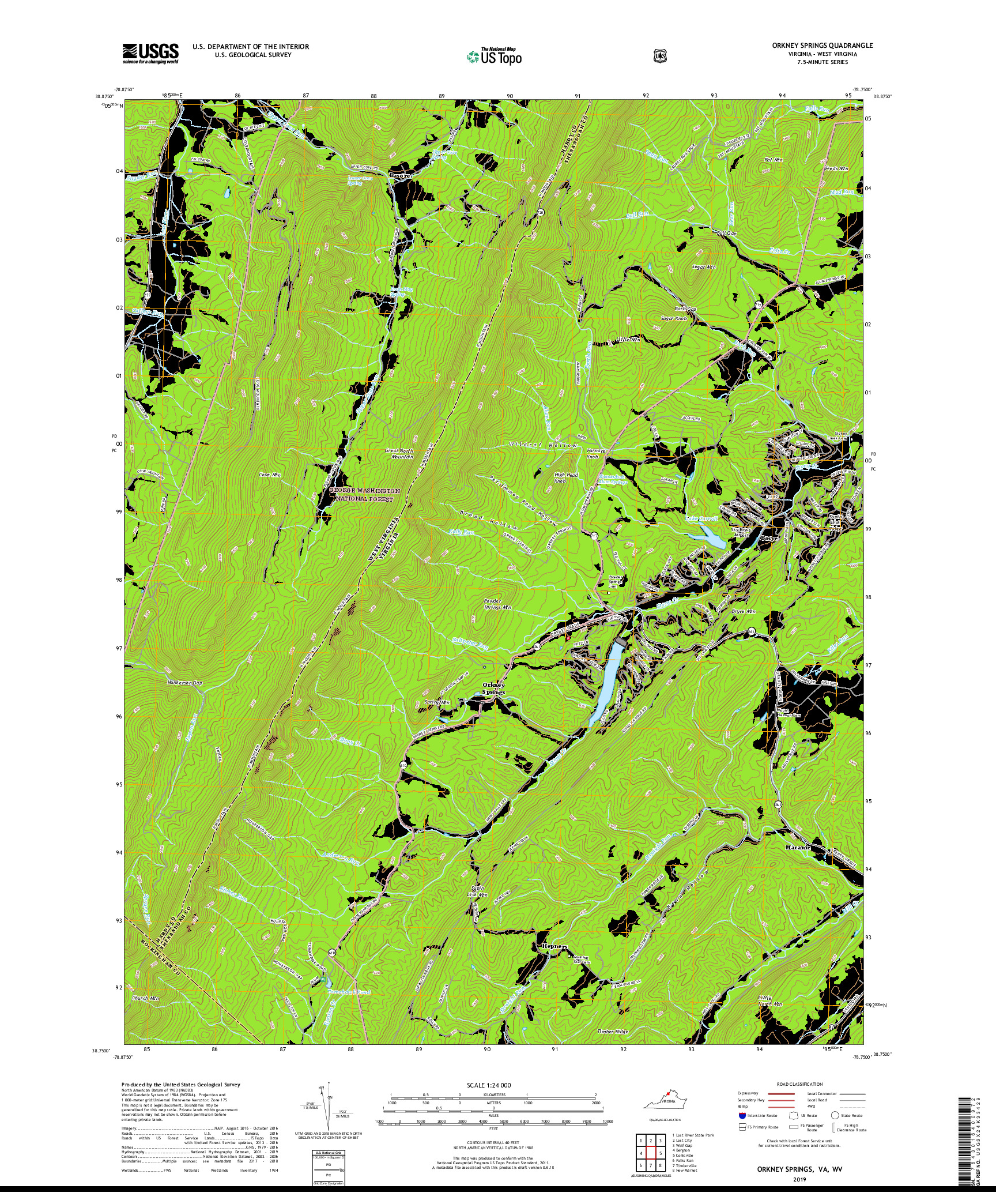 USGS US TOPO 7.5-MINUTE MAP FOR ORKNEY SPRINGS, VA,WV 2019