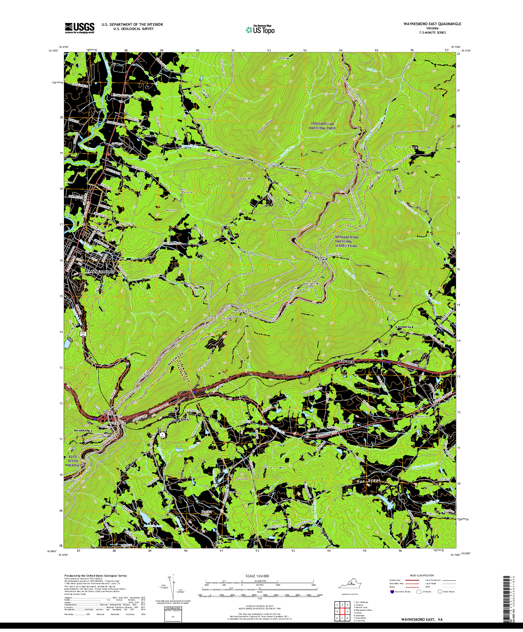 USGS US TOPO 7.5-MINUTE MAP FOR WAYNESBORO EAST, VA 2019