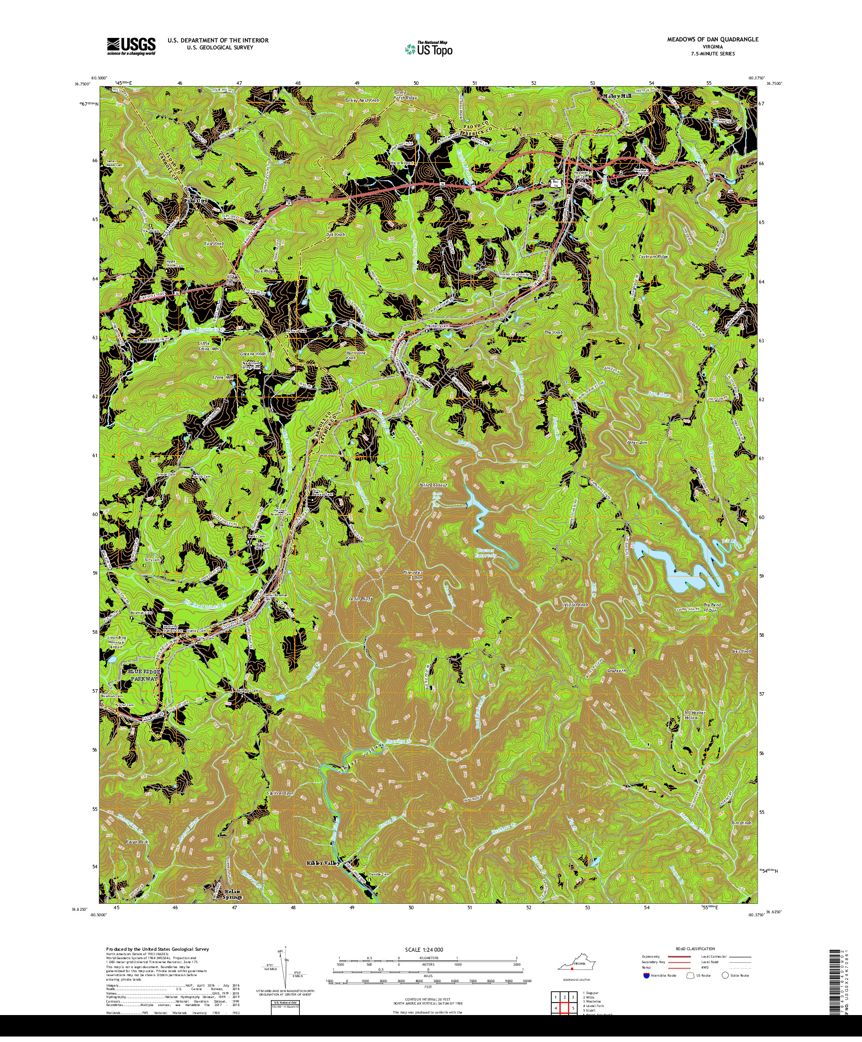 USGS US TOPO 7.5-MINUTE MAP FOR MEADOWS OF DAN, VA 2019