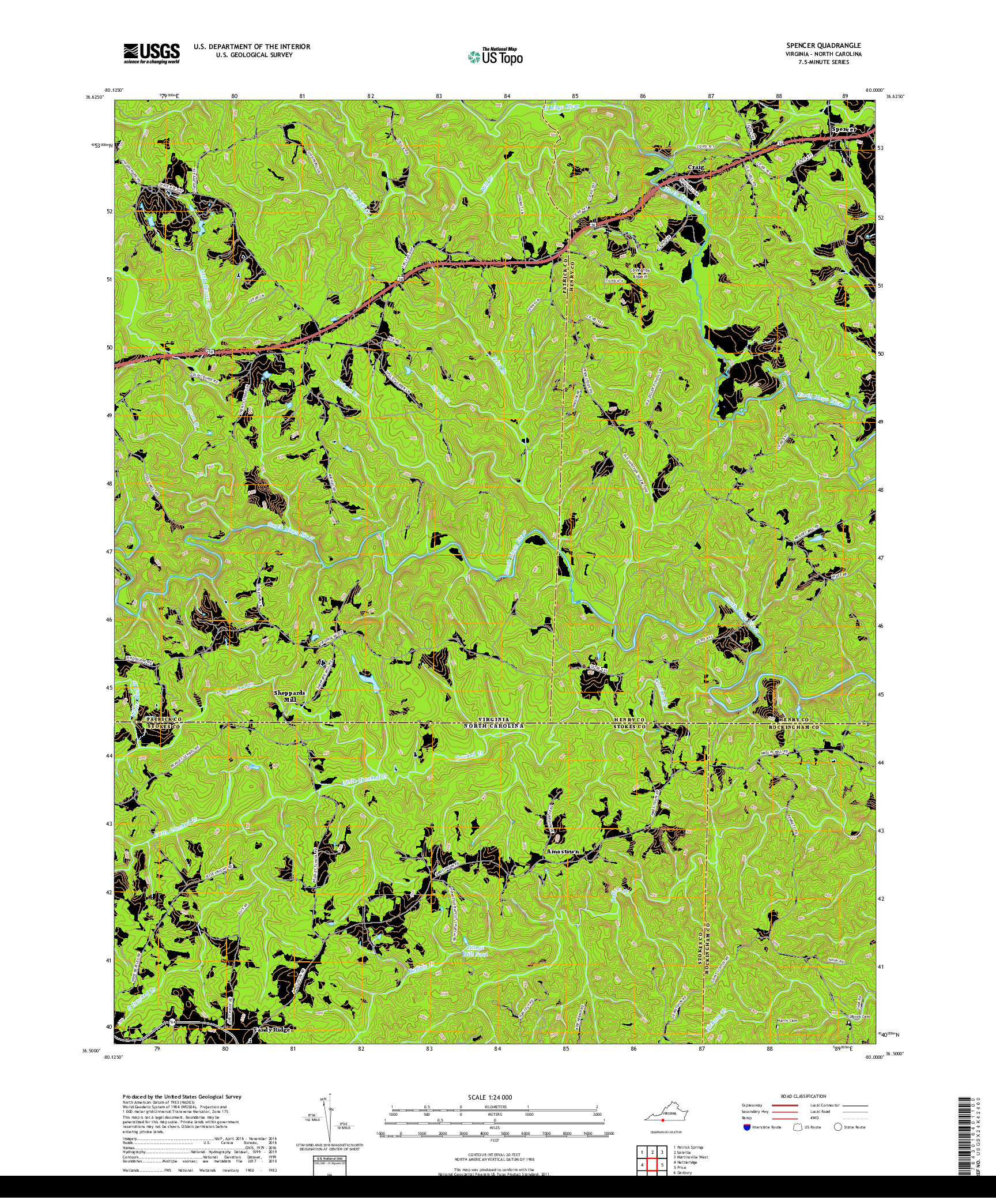 USGS US TOPO 7.5-MINUTE MAP FOR SPENCER, VA,NC 2019