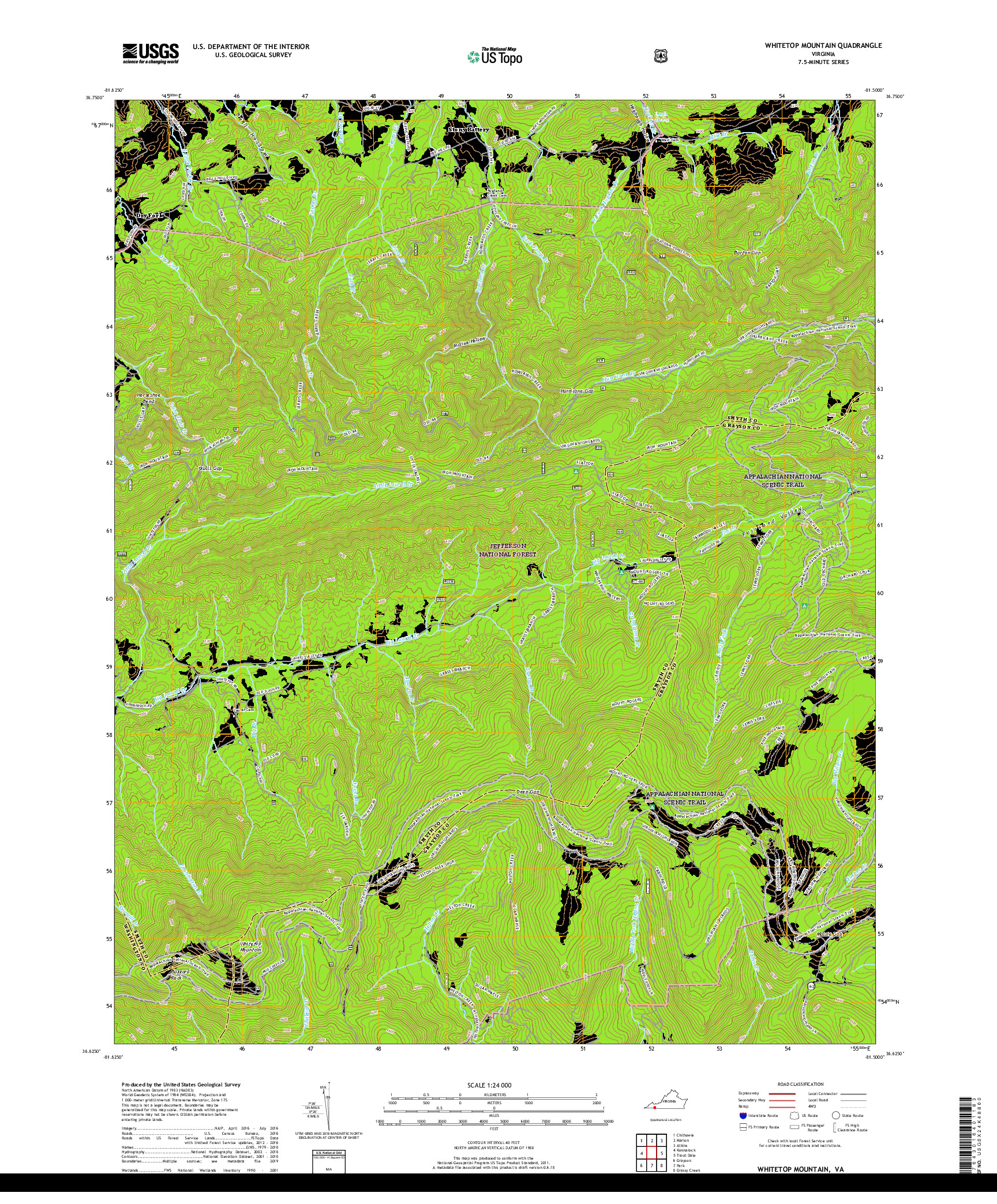 USGS US TOPO 7.5-MINUTE MAP FOR WHITETOP MOUNTAIN, VA 2019