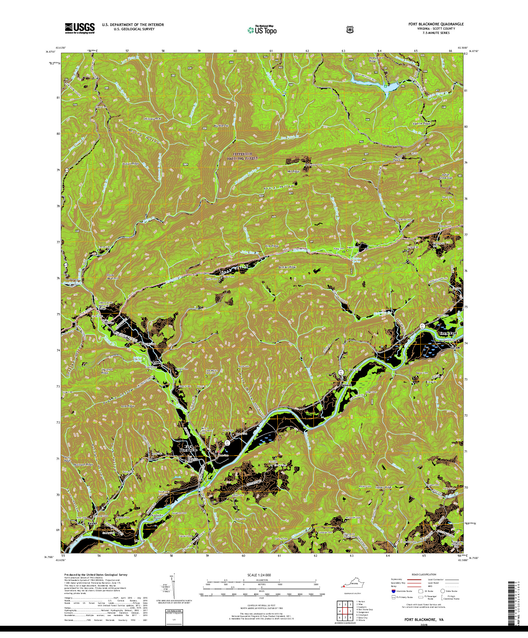 USGS US TOPO 7.5-MINUTE MAP FOR FORT BLACKMORE, VA 2019