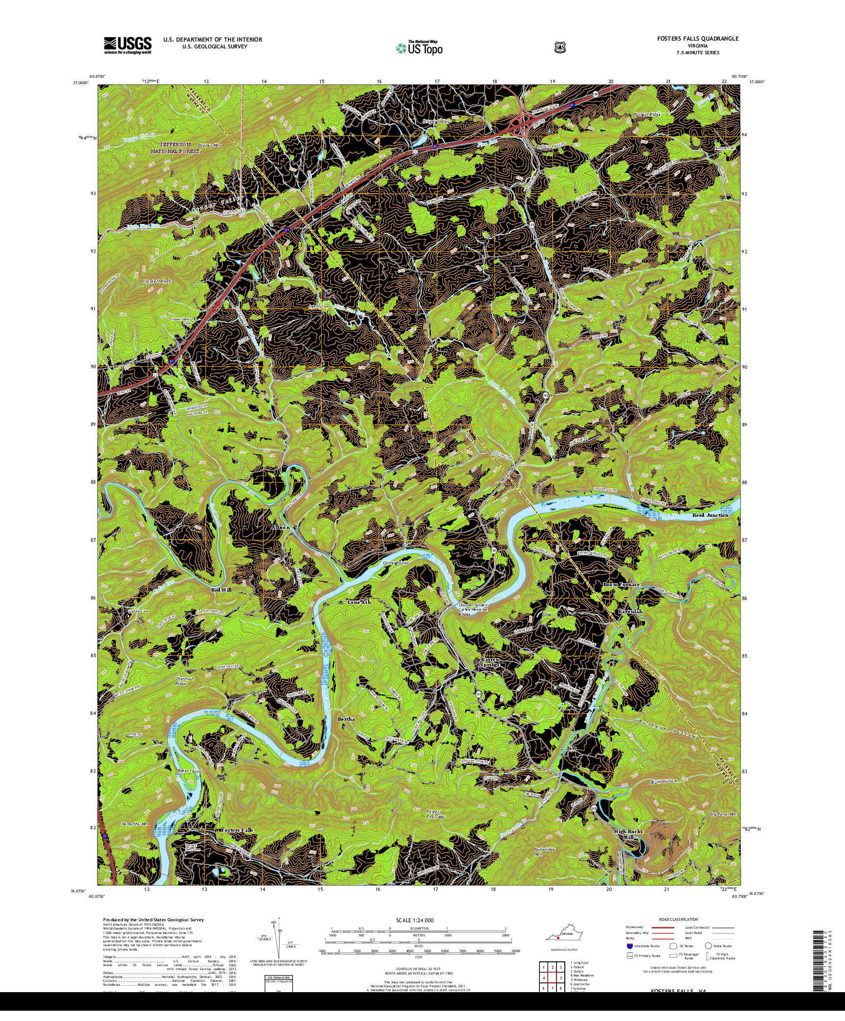 USGS US TOPO 7.5-MINUTE MAP FOR FOSTERS FALLS, VA 2019