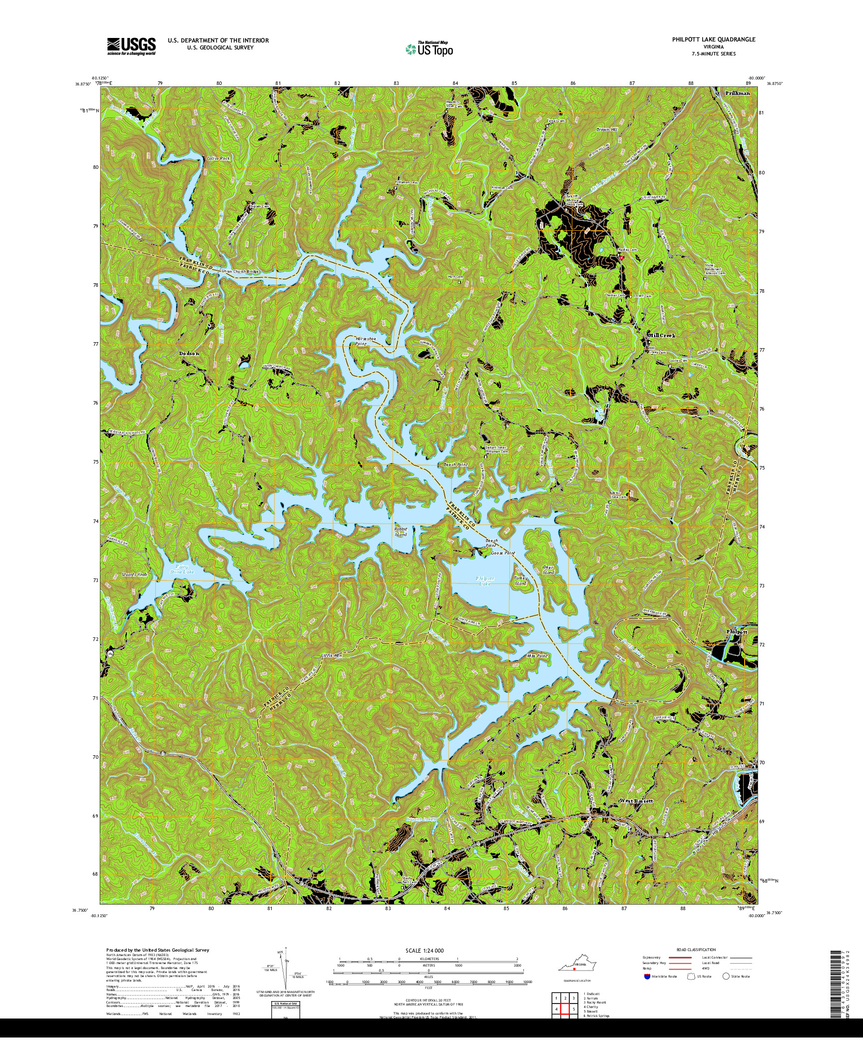 USGS US TOPO 7.5-MINUTE MAP FOR PHILPOTT LAKE, VA 2019