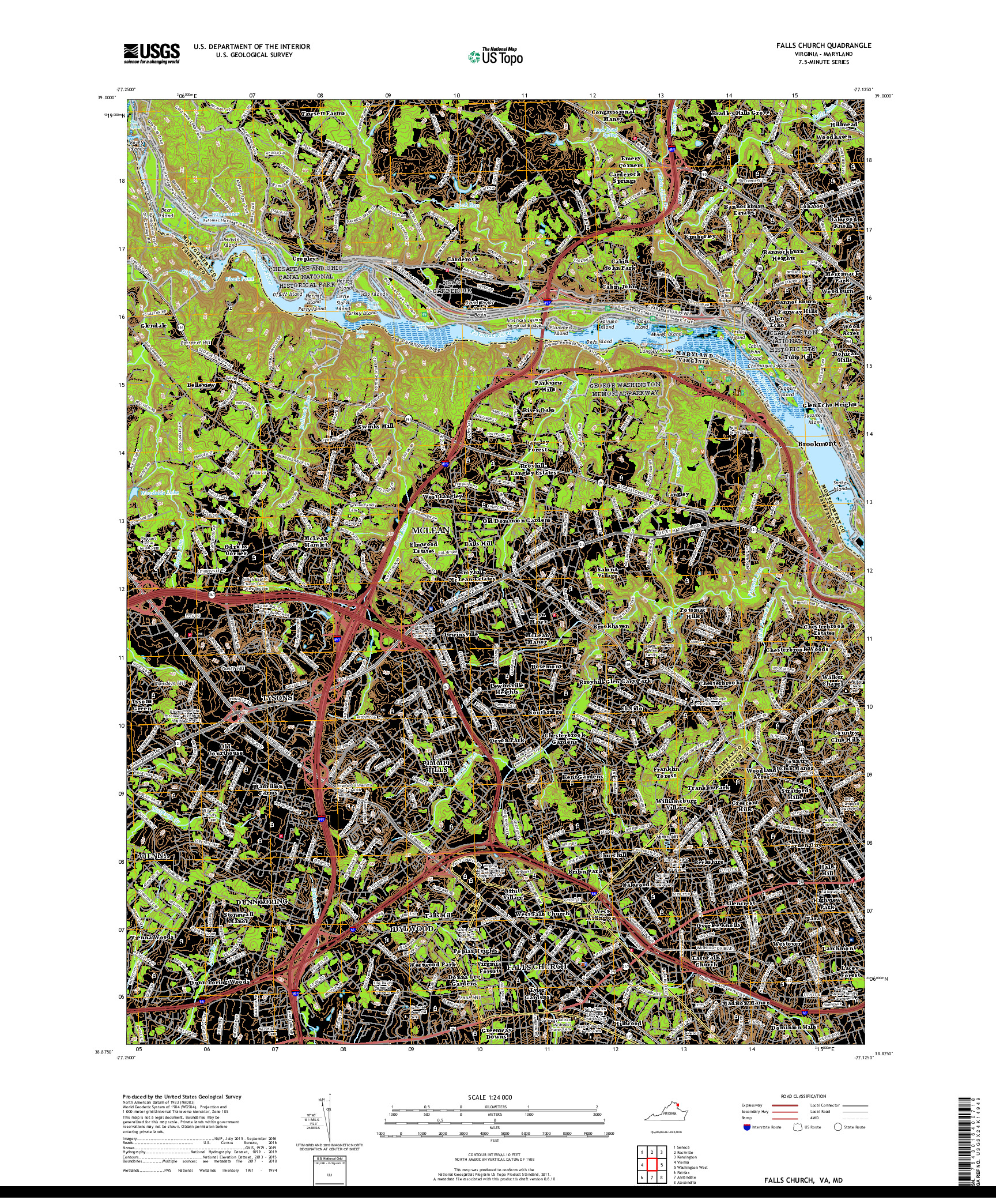 USGS US TOPO 7.5-MINUTE MAP FOR FALLS CHURCH, VA,MD 2019