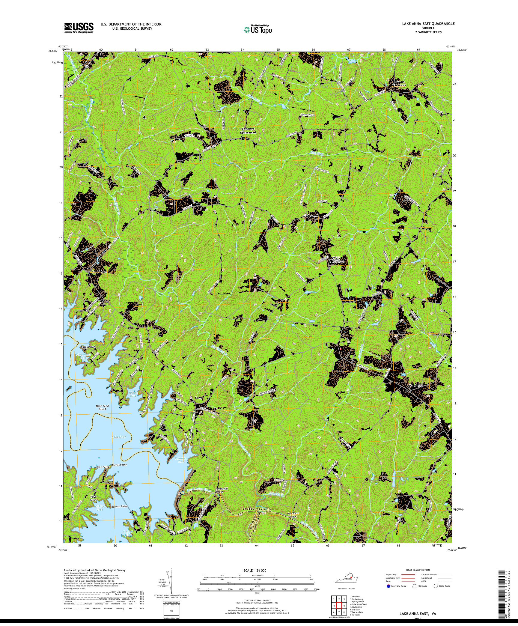 USGS US TOPO 7.5-MINUTE MAP FOR LAKE ANNA EAST, VA 2019