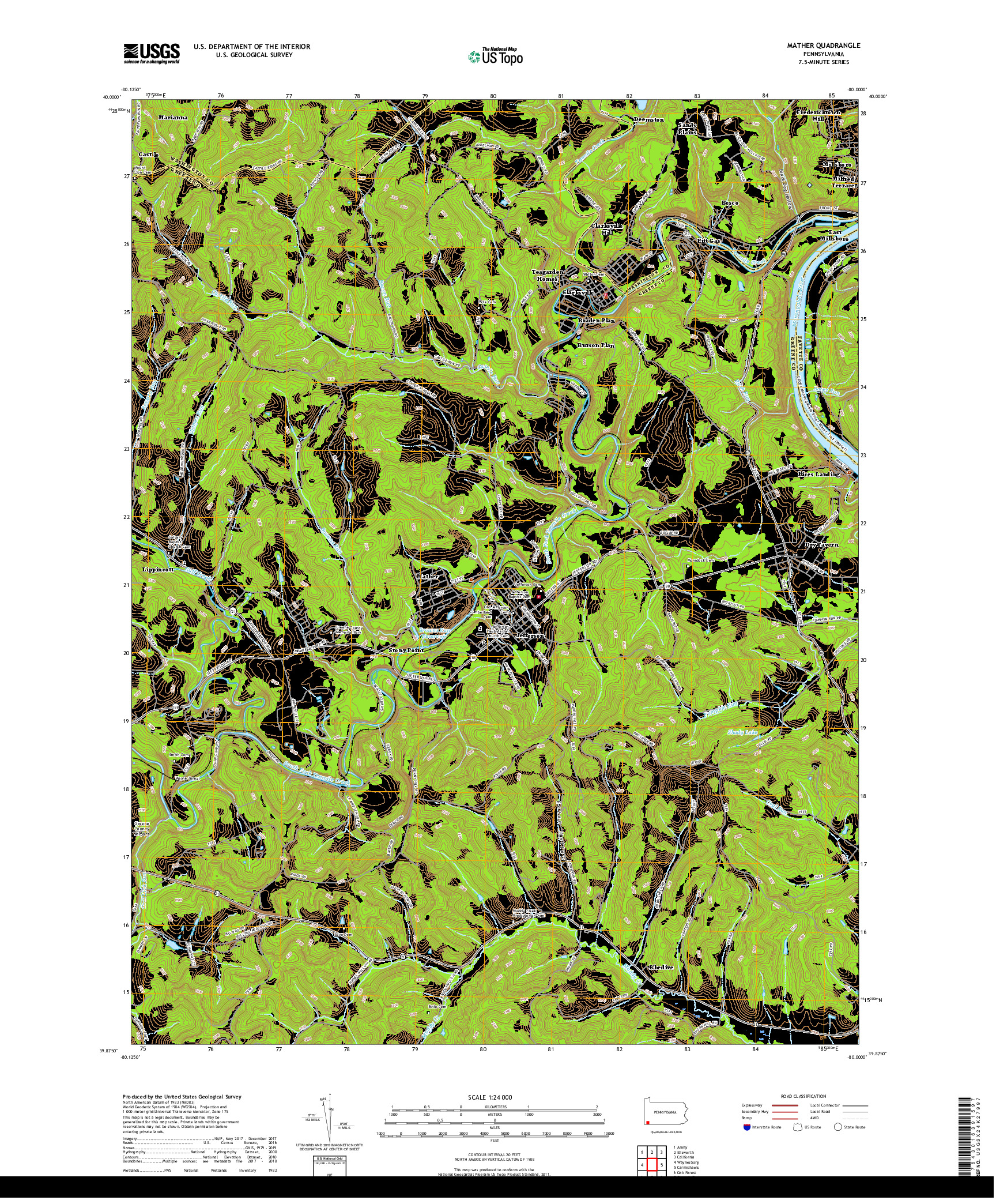 USGS US TOPO 7.5-MINUTE MAP FOR MATHER, PA 2019