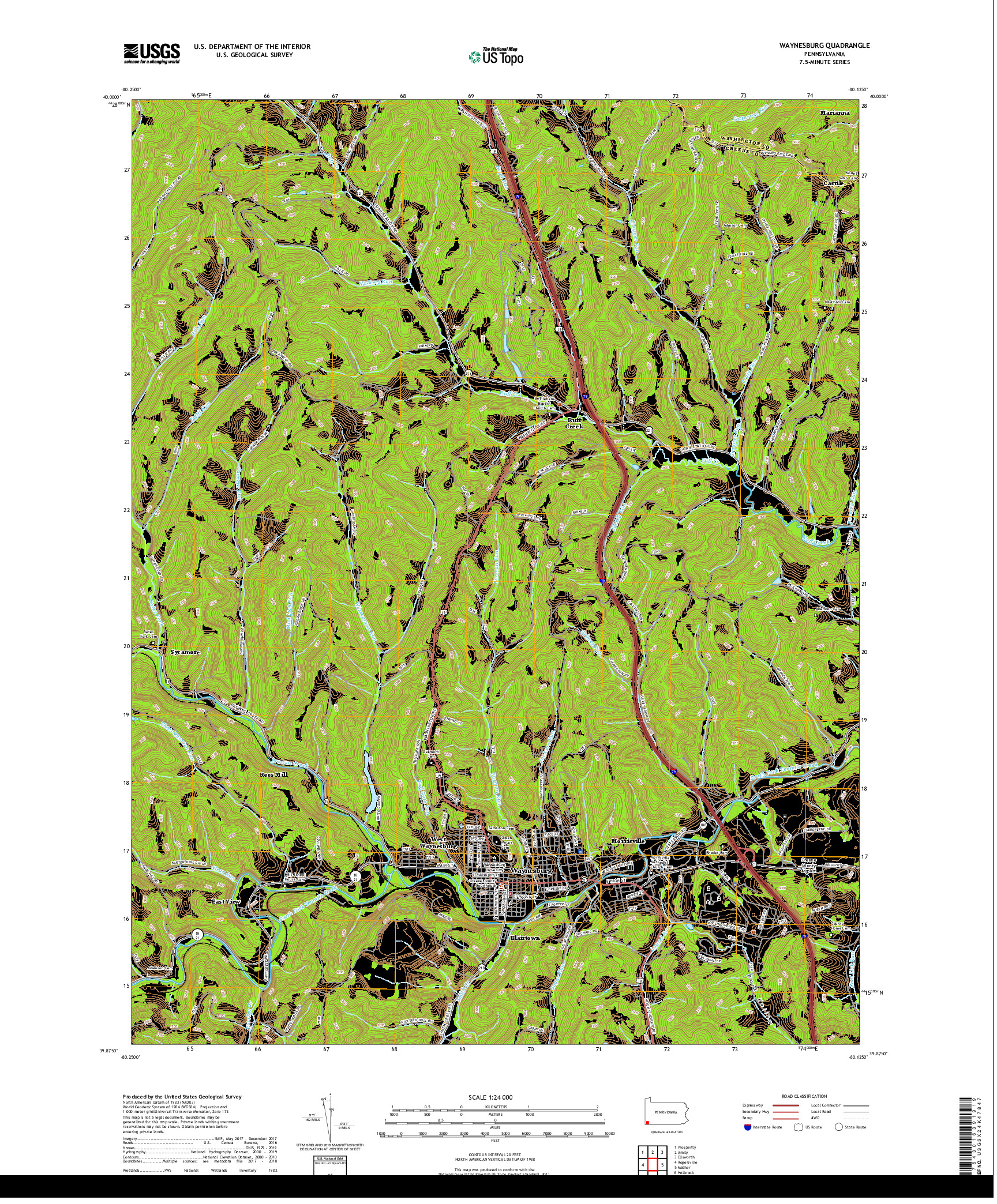 USGS US TOPO 7.5-MINUTE MAP FOR WAYNESBURG, PA 2019