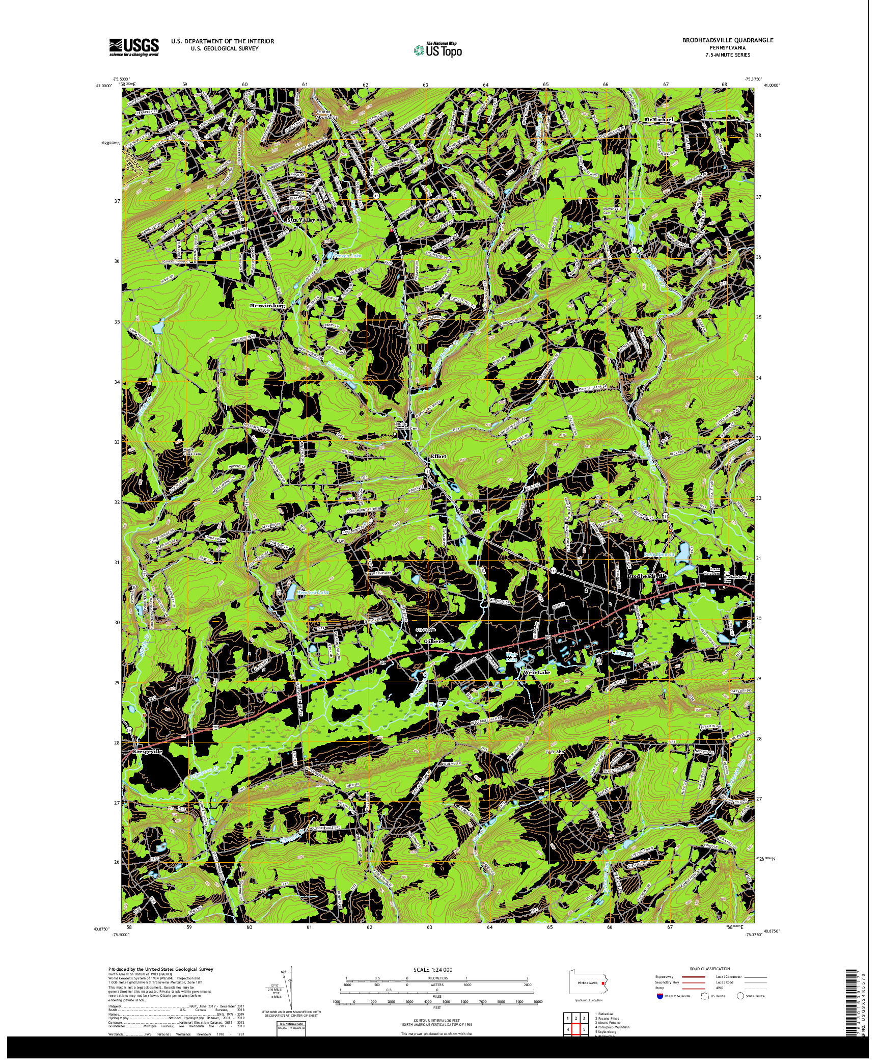 USGS US TOPO 7.5-MINUTE MAP FOR BRODHEADSVILLE, PA 2019