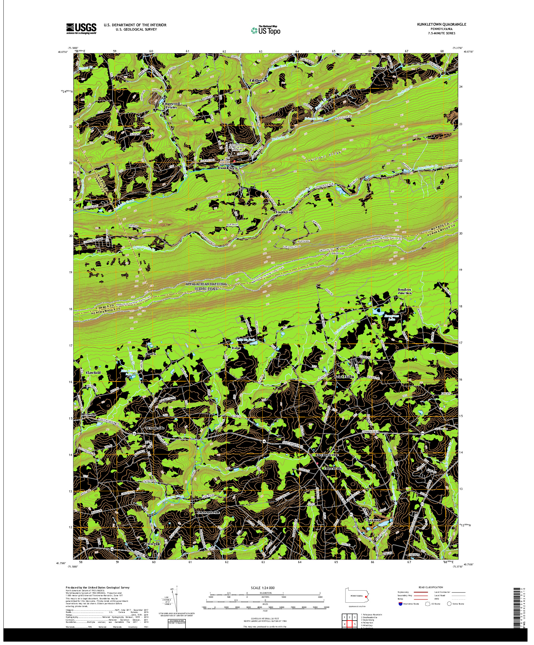 USGS US TOPO 7.5-MINUTE MAP FOR KUNKLETOWN, PA 2019