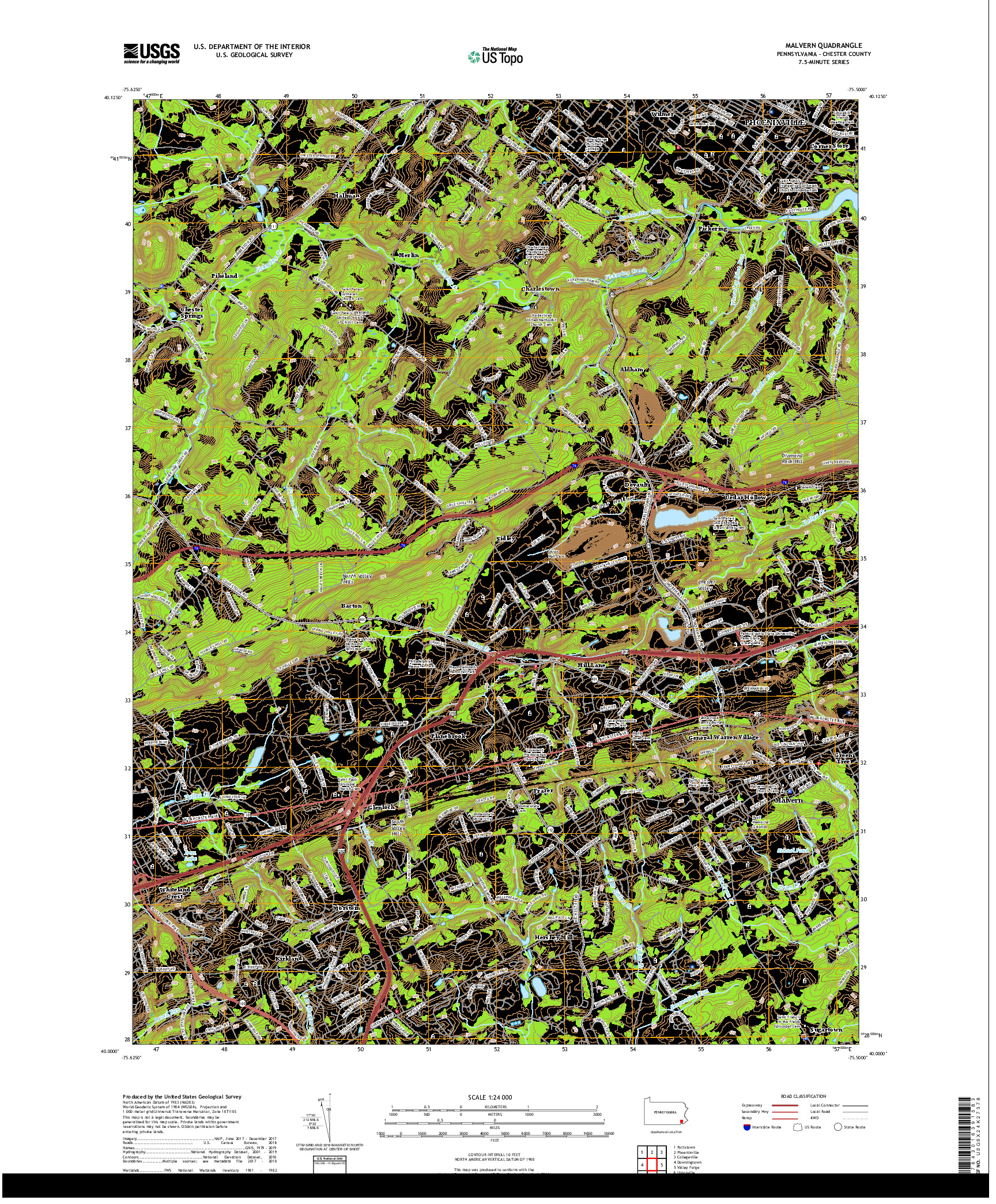 USGS US TOPO 7.5-MINUTE MAP FOR MALVERN, PA 2019