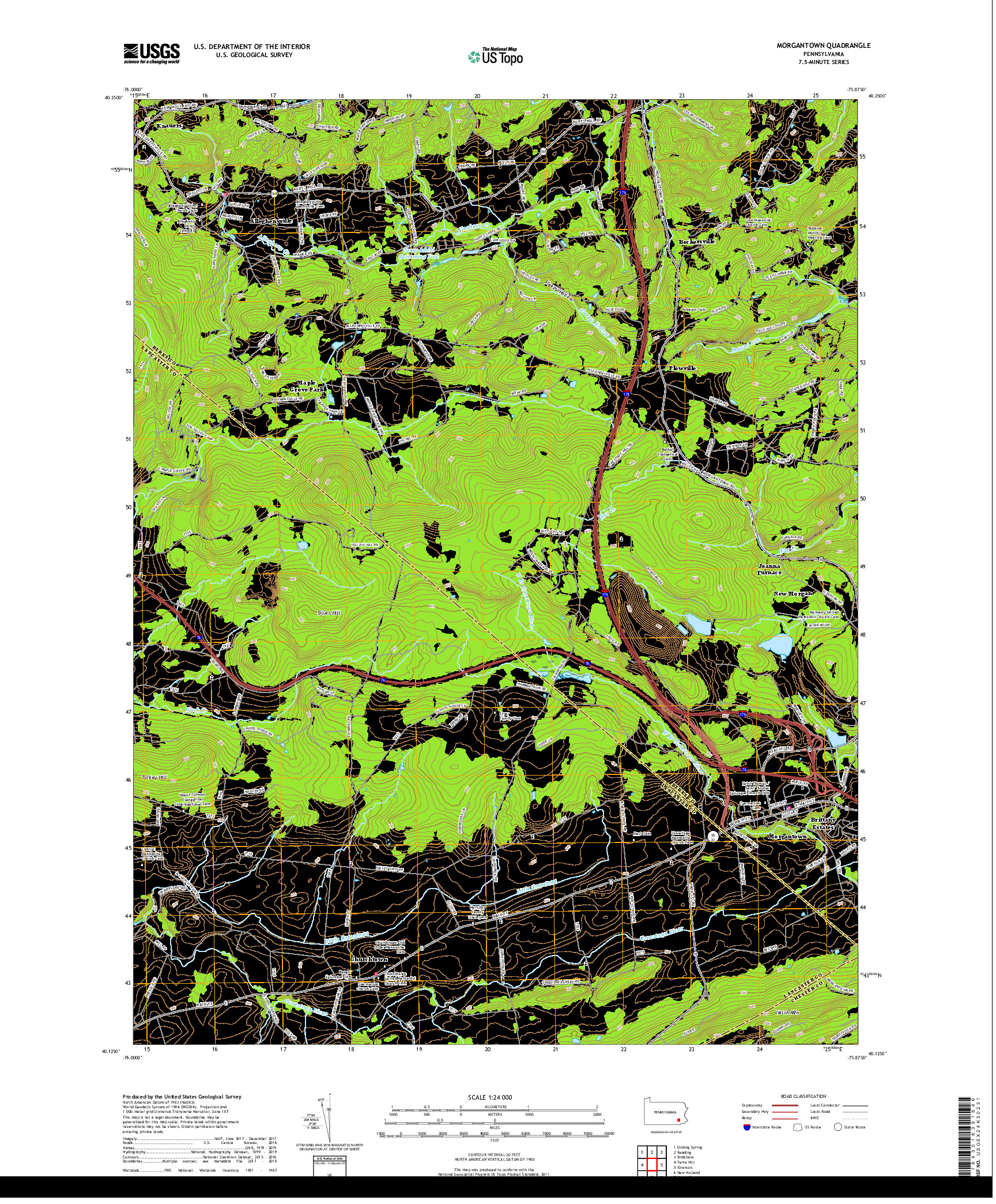 USGS US TOPO 7.5-MINUTE MAP FOR MORGANTOWN, PA 2019