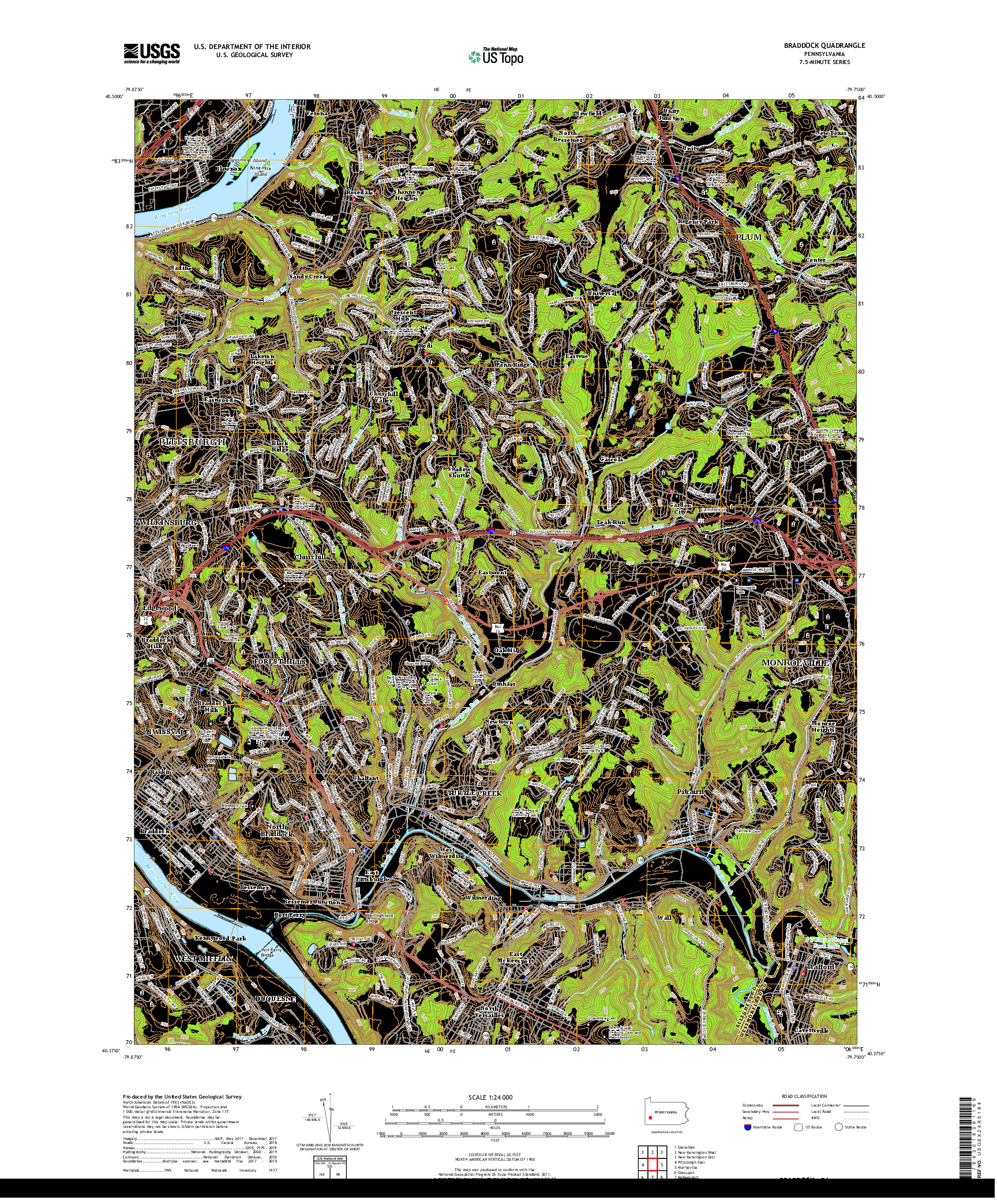 USGS US TOPO 7.5-MINUTE MAP FOR BRADDOCK, PA 2019