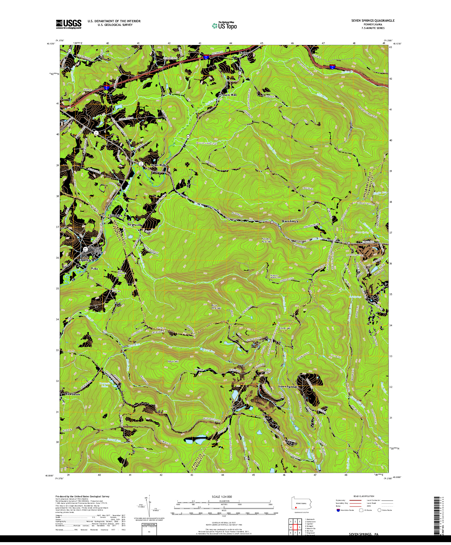USGS US TOPO 7.5-MINUTE MAP FOR SEVEN SPRINGS, PA 2019