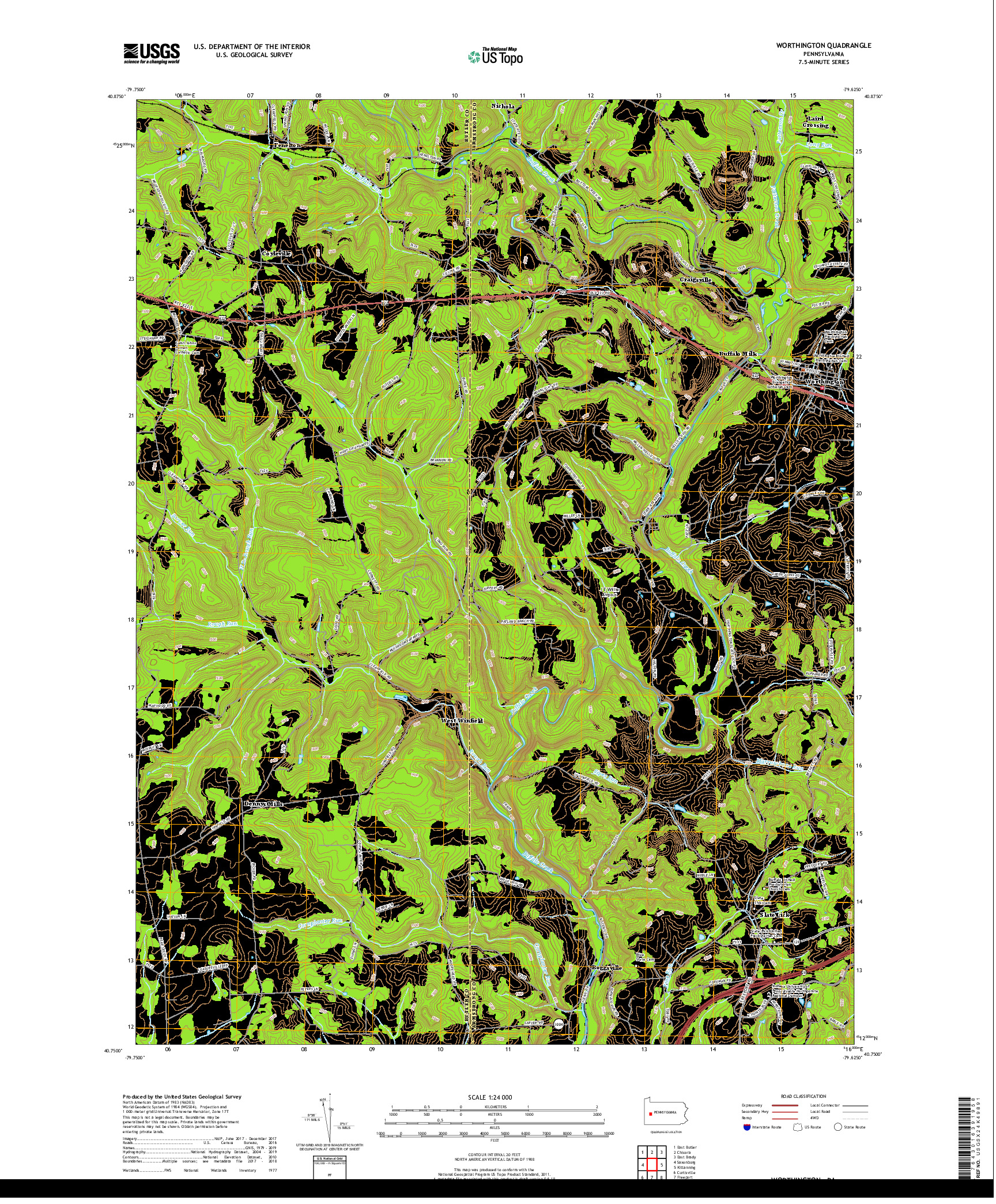 USGS US TOPO 7.5-MINUTE MAP FOR WORTHINGTON, PA 2019