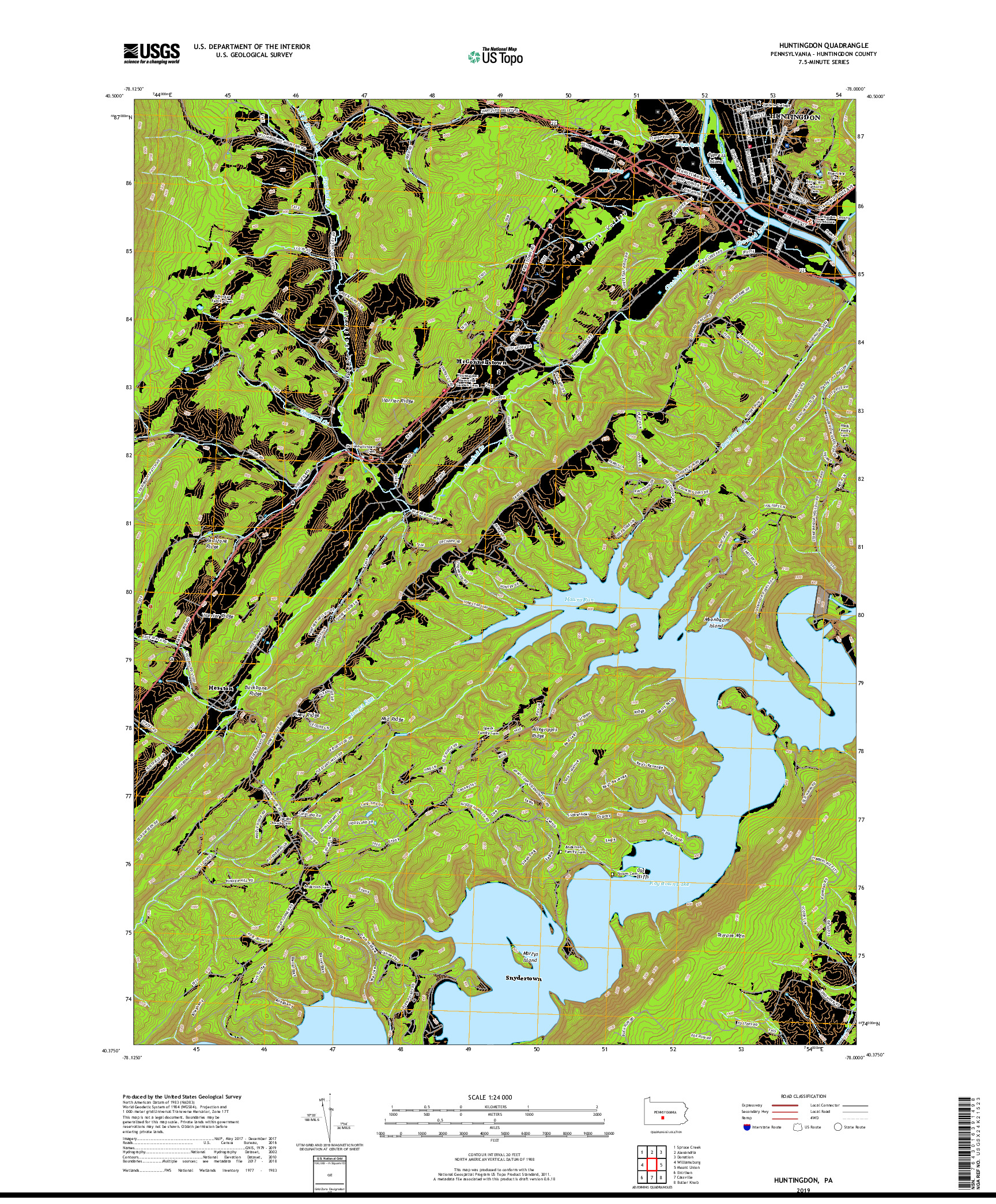 USGS US TOPO 7.5-MINUTE MAP FOR HUNTINGDON, PA 2019