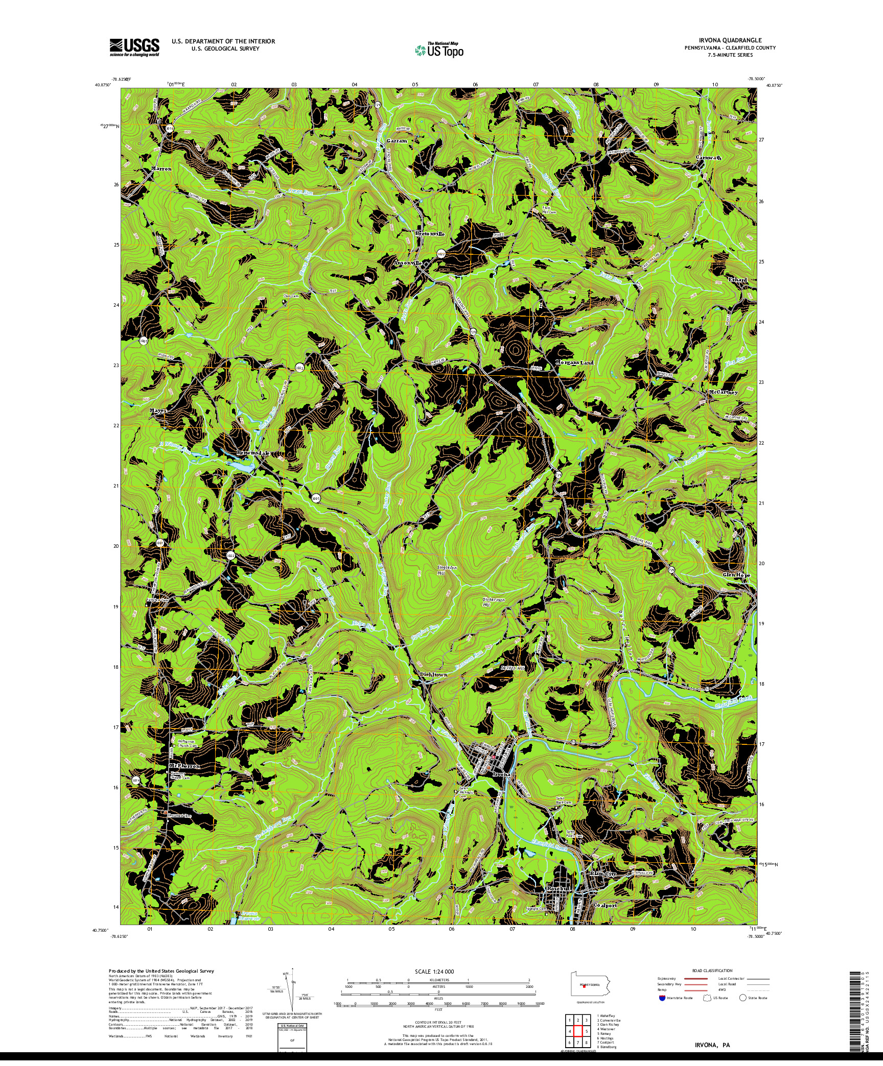 USGS US TOPO 7.5-MINUTE MAP FOR IRVONA, PA 2019