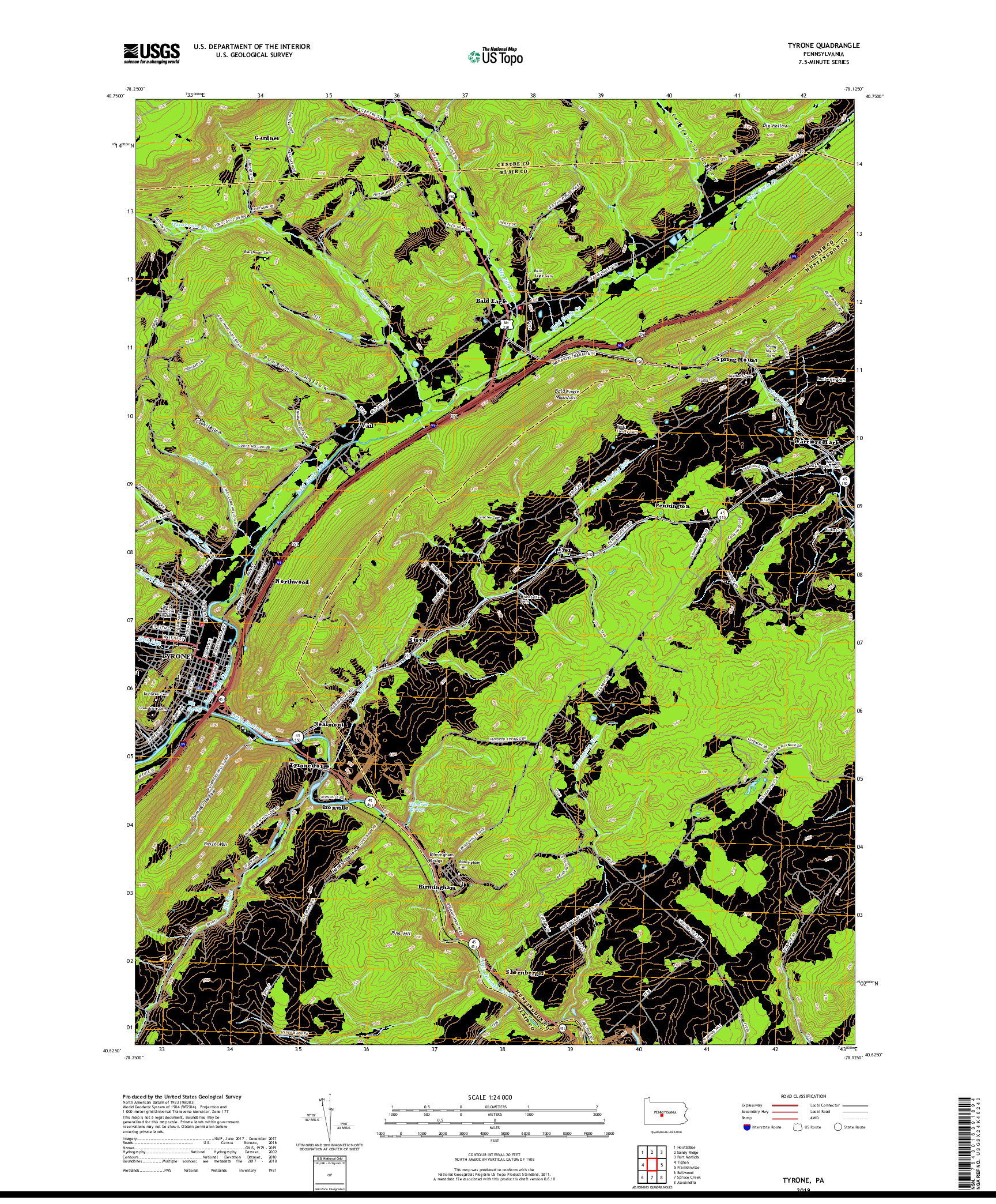 USGS US TOPO 7.5-MINUTE MAP FOR TYRONE, PA 2019