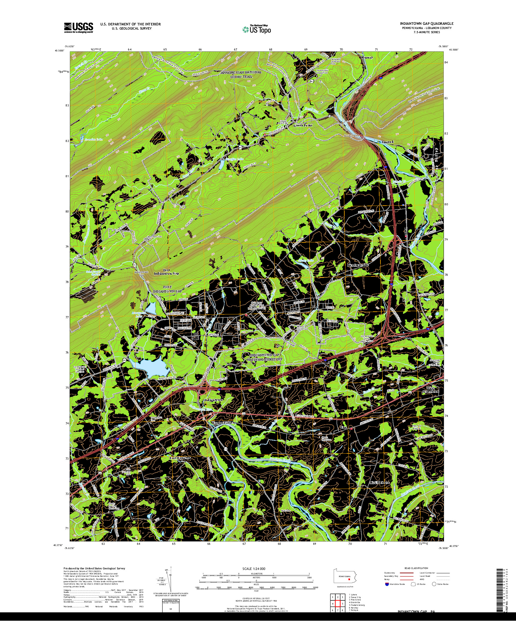 USGS US TOPO 7.5-MINUTE MAP FOR INDIANTOWN GAP, PA 2019