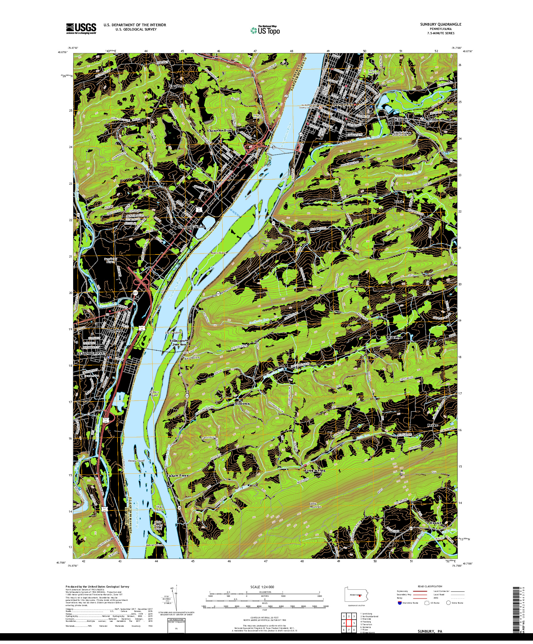 USGS US TOPO 7.5-MINUTE MAP FOR SUNBURY, PA 2019