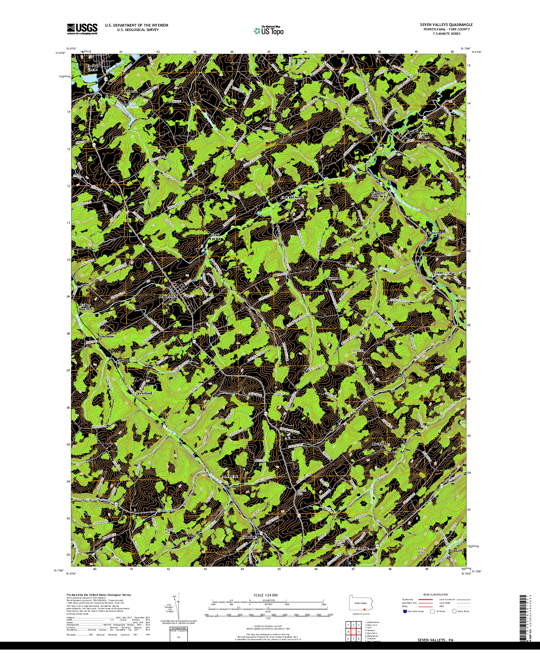 USGS US TOPO 7.5-MINUTE MAP FOR SEVEN VALLEYS, PA 2019