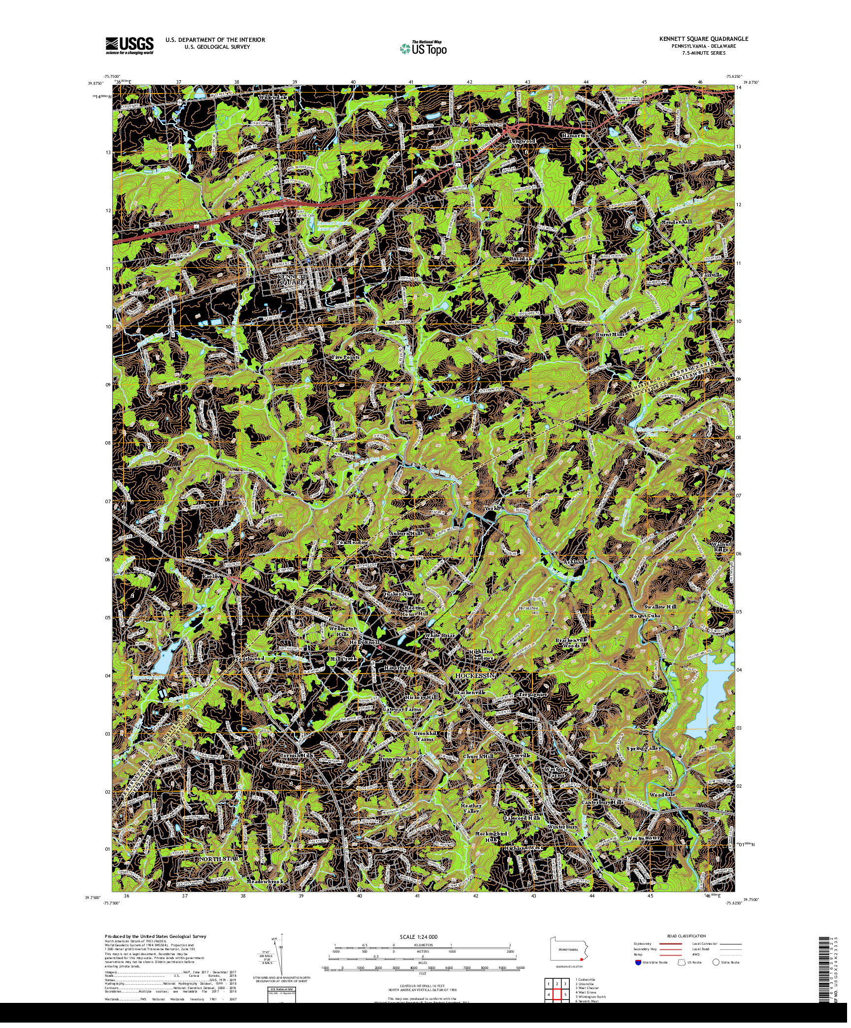 USGS US TOPO 7.5-MINUTE MAP FOR KENNETT SQUARE, PA,DE 2019