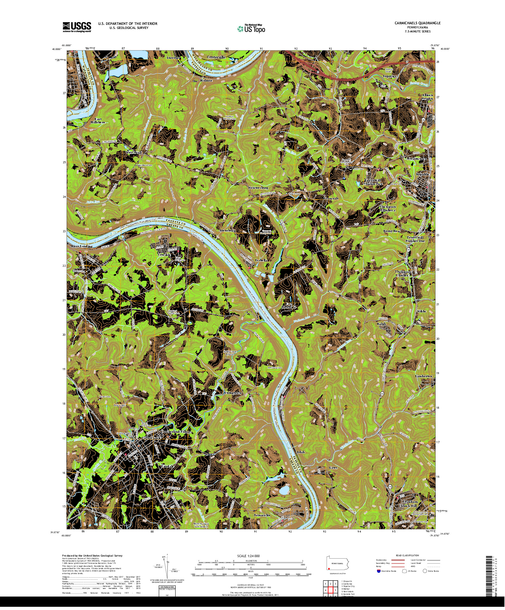 USGS US TOPO 7.5-MINUTE MAP FOR CARMICHAELS, PA 2019