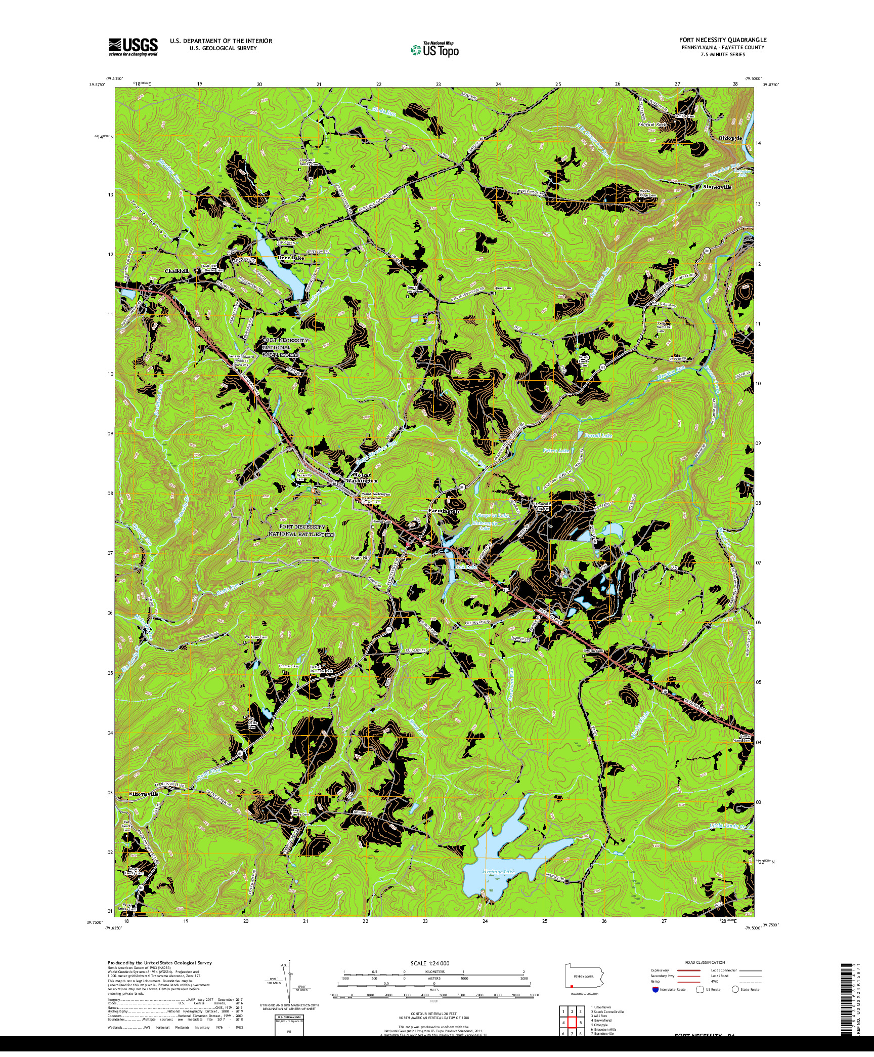 USGS US TOPO 7.5-MINUTE MAP FOR FORT NECESSITY, PA 2019