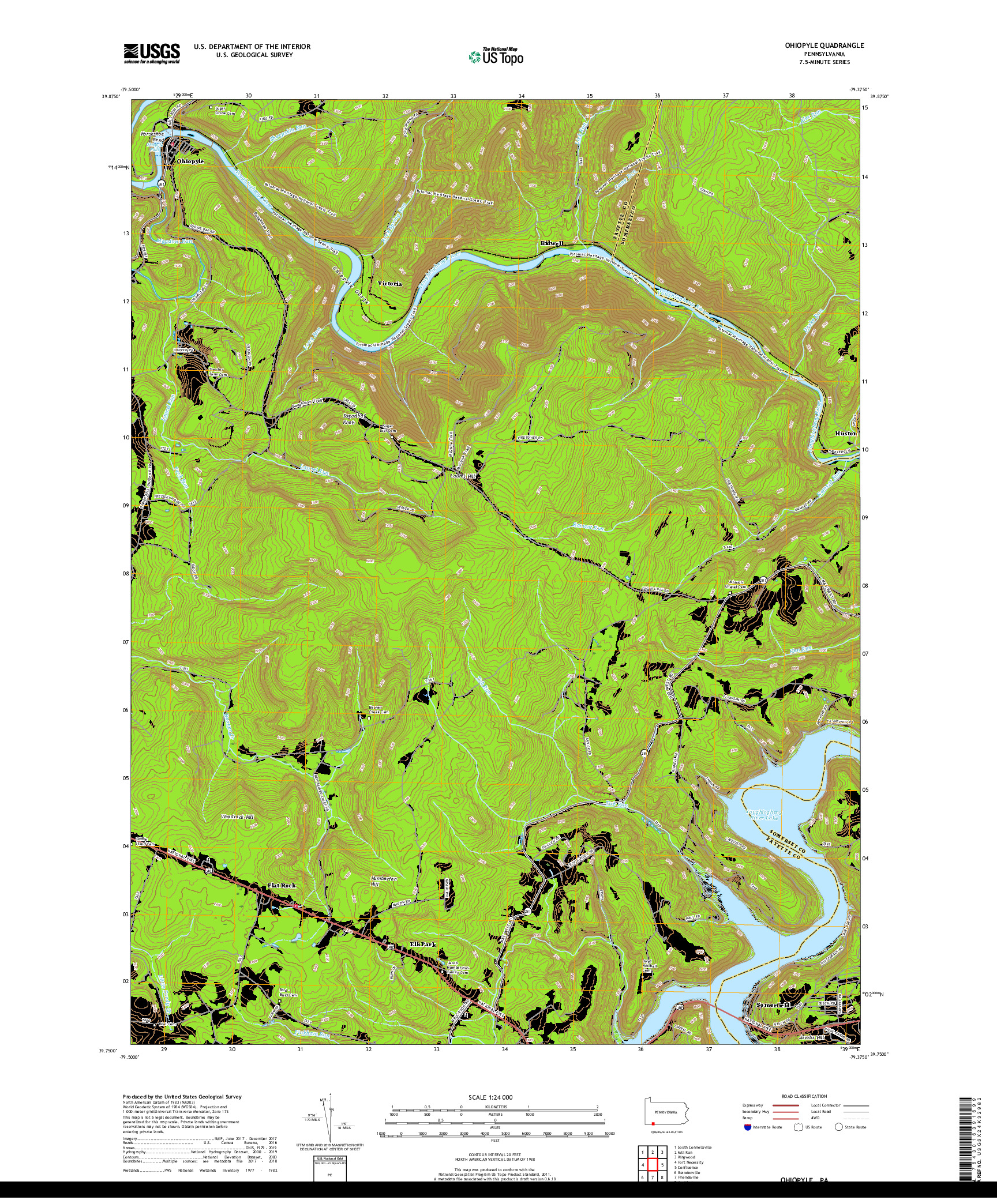 USGS US TOPO 7.5-MINUTE MAP FOR OHIOPYLE, PA 2019
