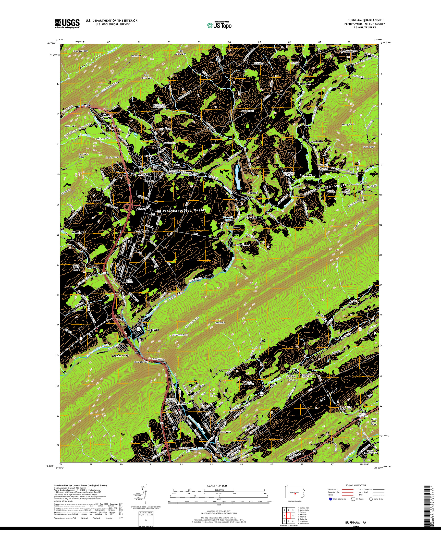 USGS US TOPO 7.5-MINUTE MAP FOR BURNHAM, PA 2019