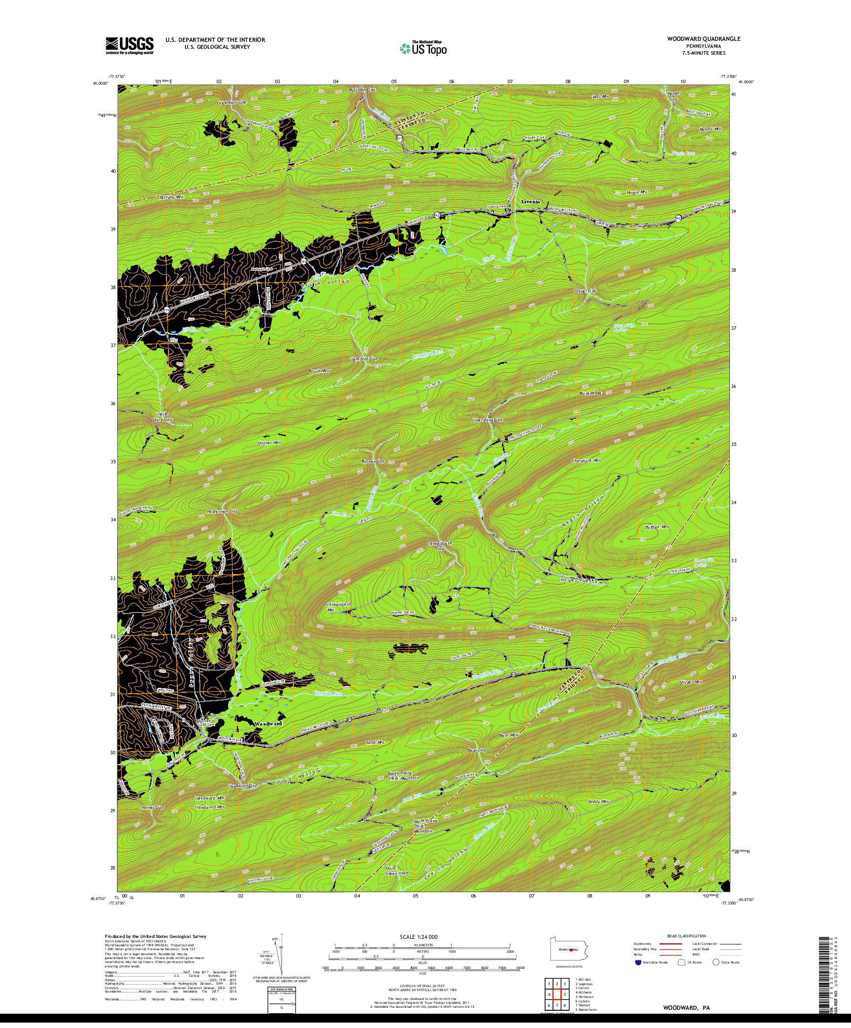 USGS US TOPO 7.5-MINUTE MAP FOR WOODWARD, PA 2019