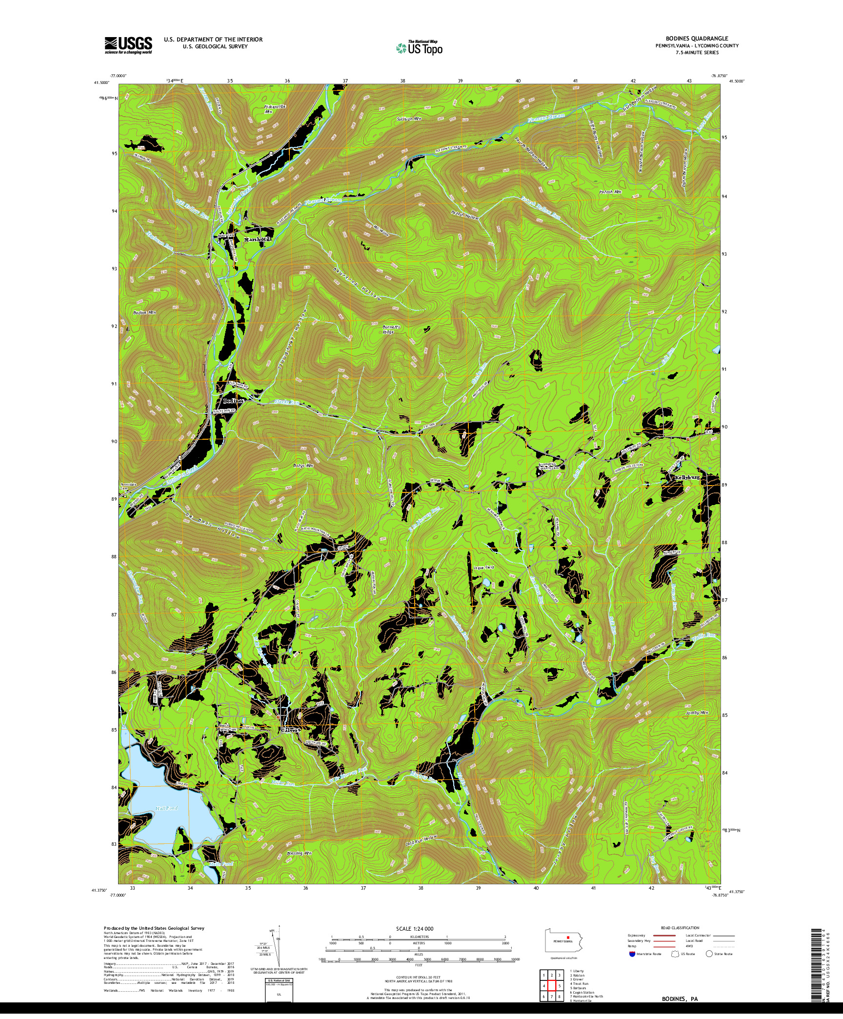 USGS US TOPO 7.5-MINUTE MAP FOR BODINES, PA 2019