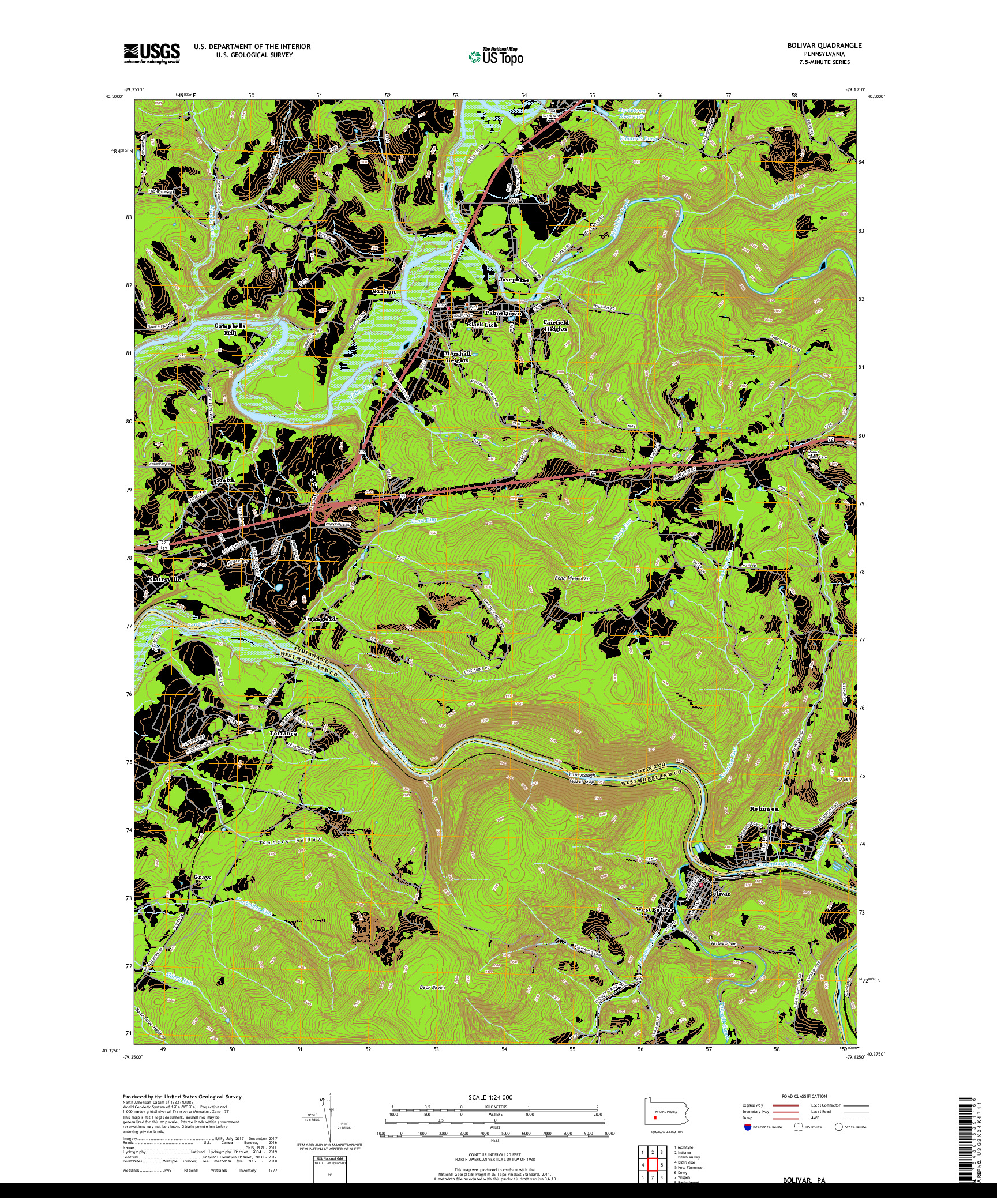 USGS US TOPO 7.5-MINUTE MAP FOR BOLIVAR, PA 2019