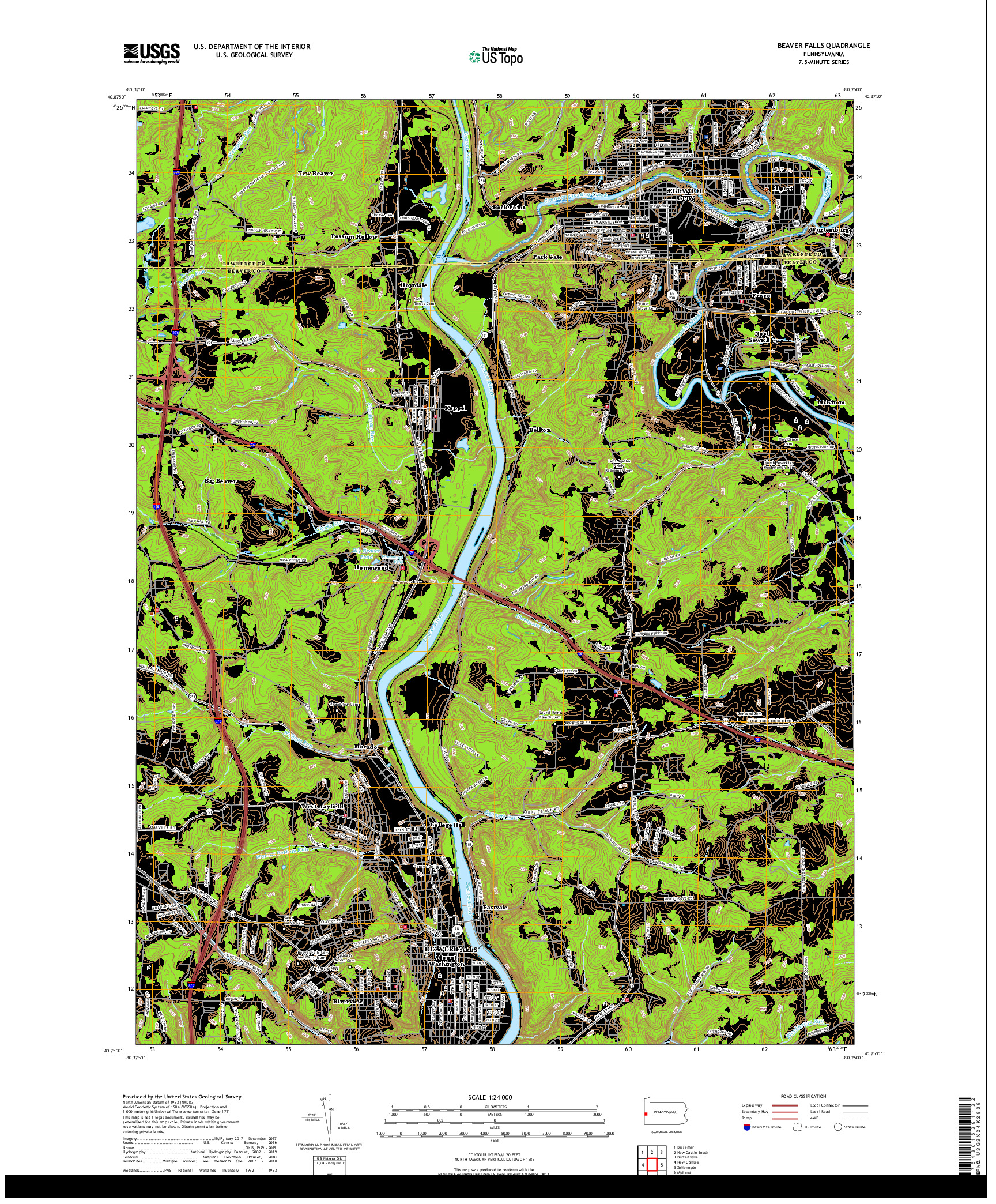 USGS US TOPO 7.5-MINUTE MAP FOR BEAVER FALLS, PA 2019
