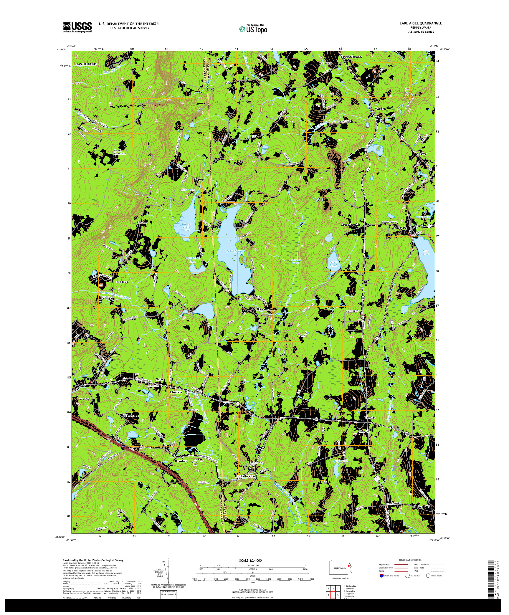 USGS US TOPO 7.5-MINUTE MAP FOR LAKE ARIEL, PA 2019