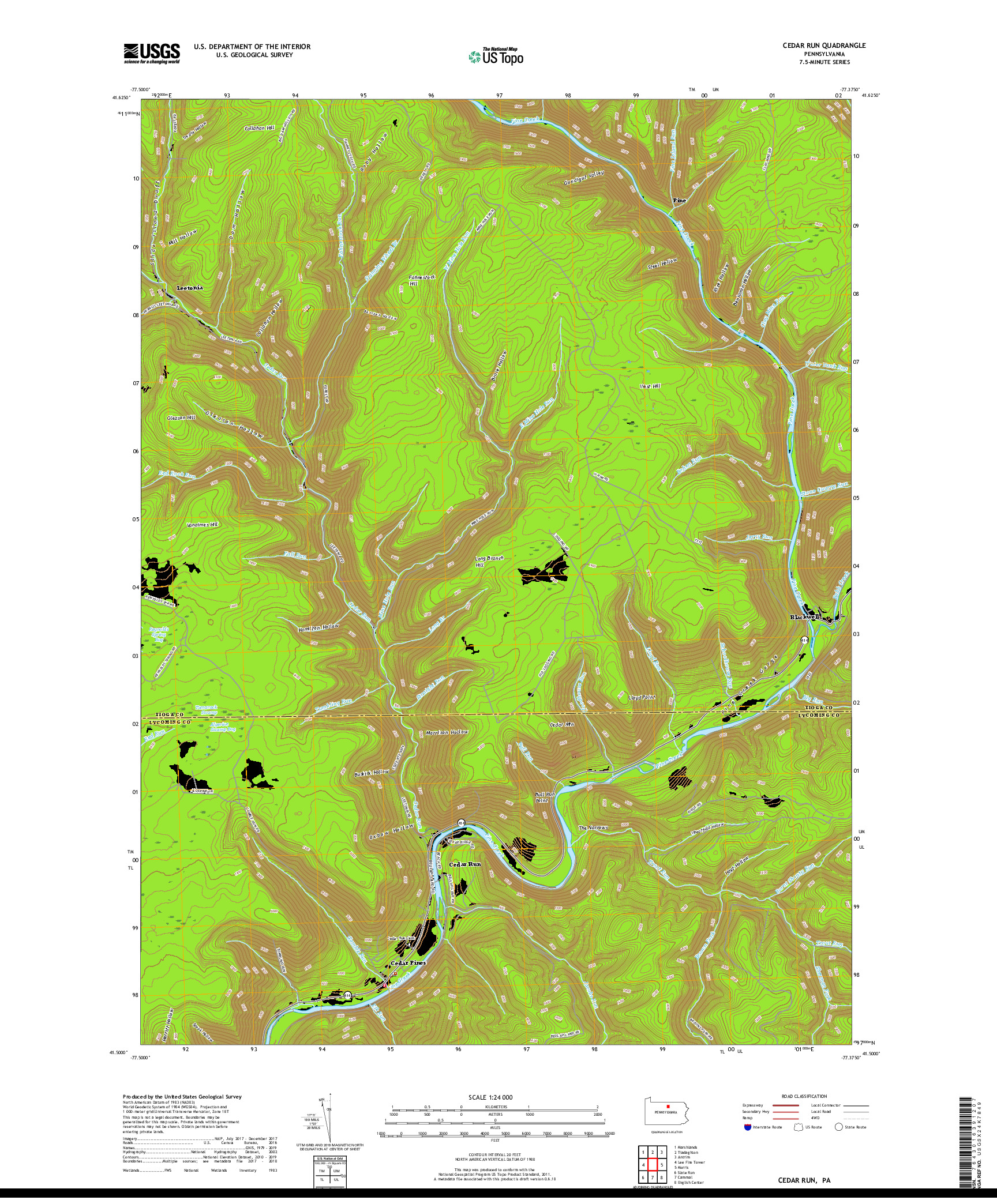 USGS US TOPO 7.5-MINUTE MAP FOR CEDAR RUN, PA 2019
