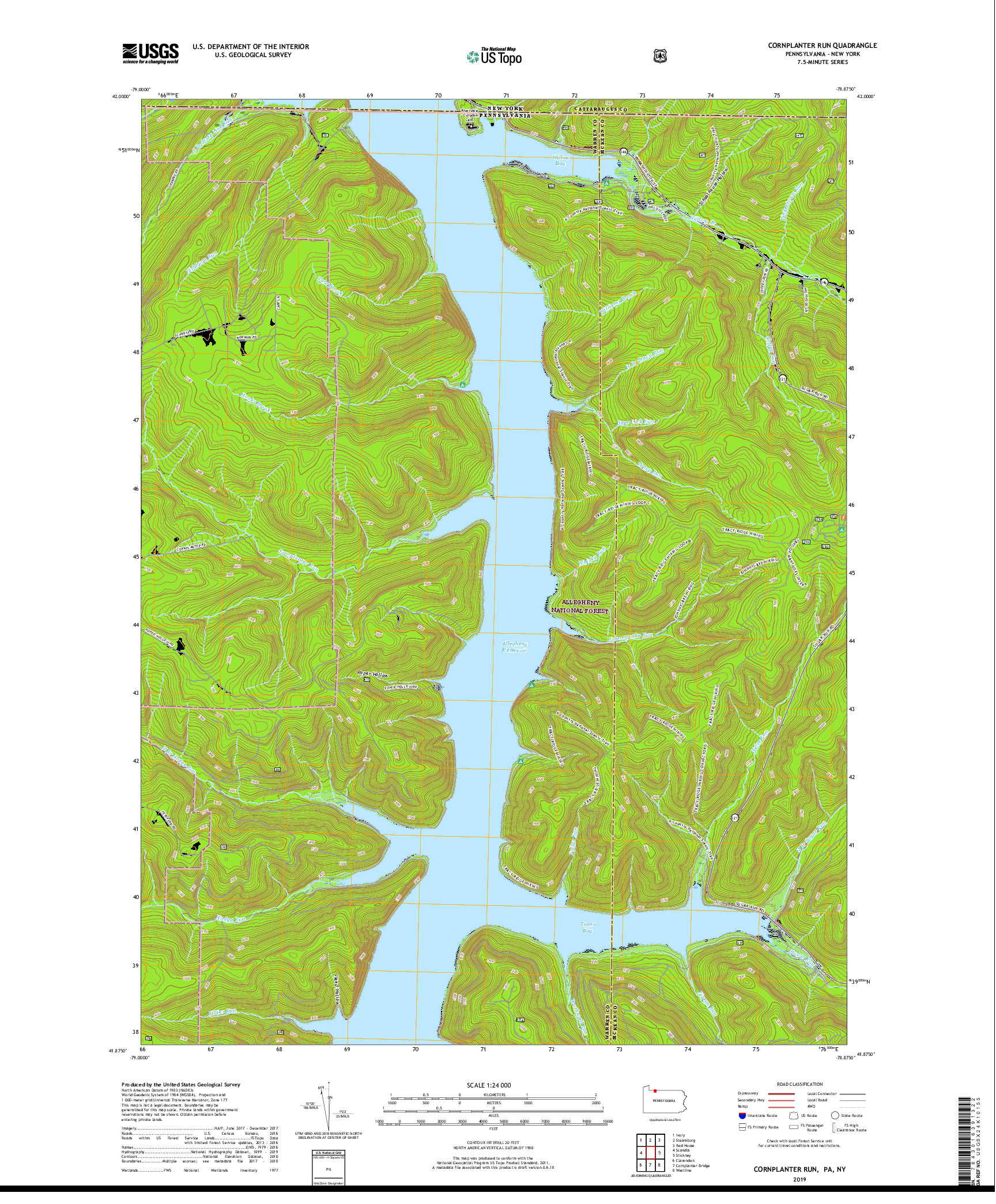USGS US TOPO 7.5-MINUTE MAP FOR CORNPLANTER RUN, PA,NY 2019