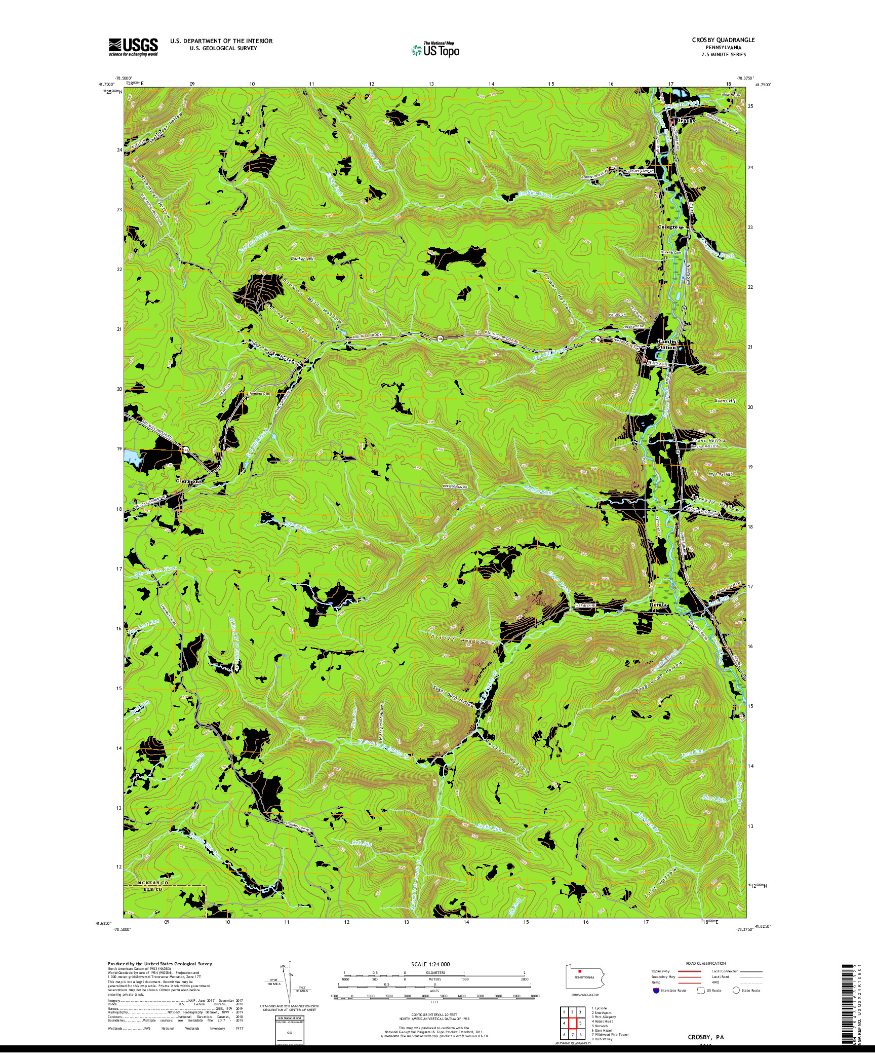 USGS US TOPO 7.5-MINUTE MAP FOR CROSBY, PA 2019