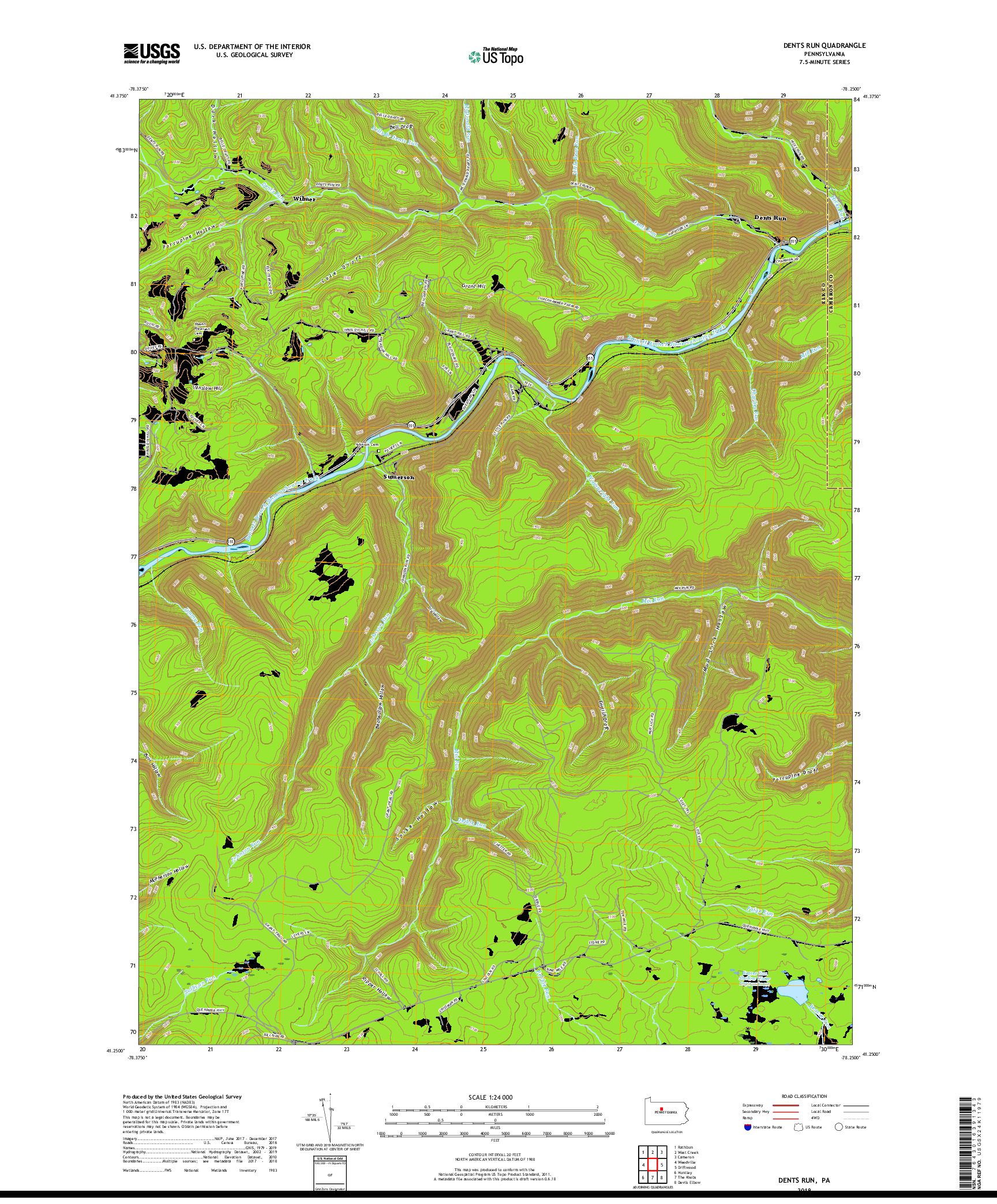 USGS US TOPO 7.5-MINUTE MAP FOR DENTS RUN, PA 2019