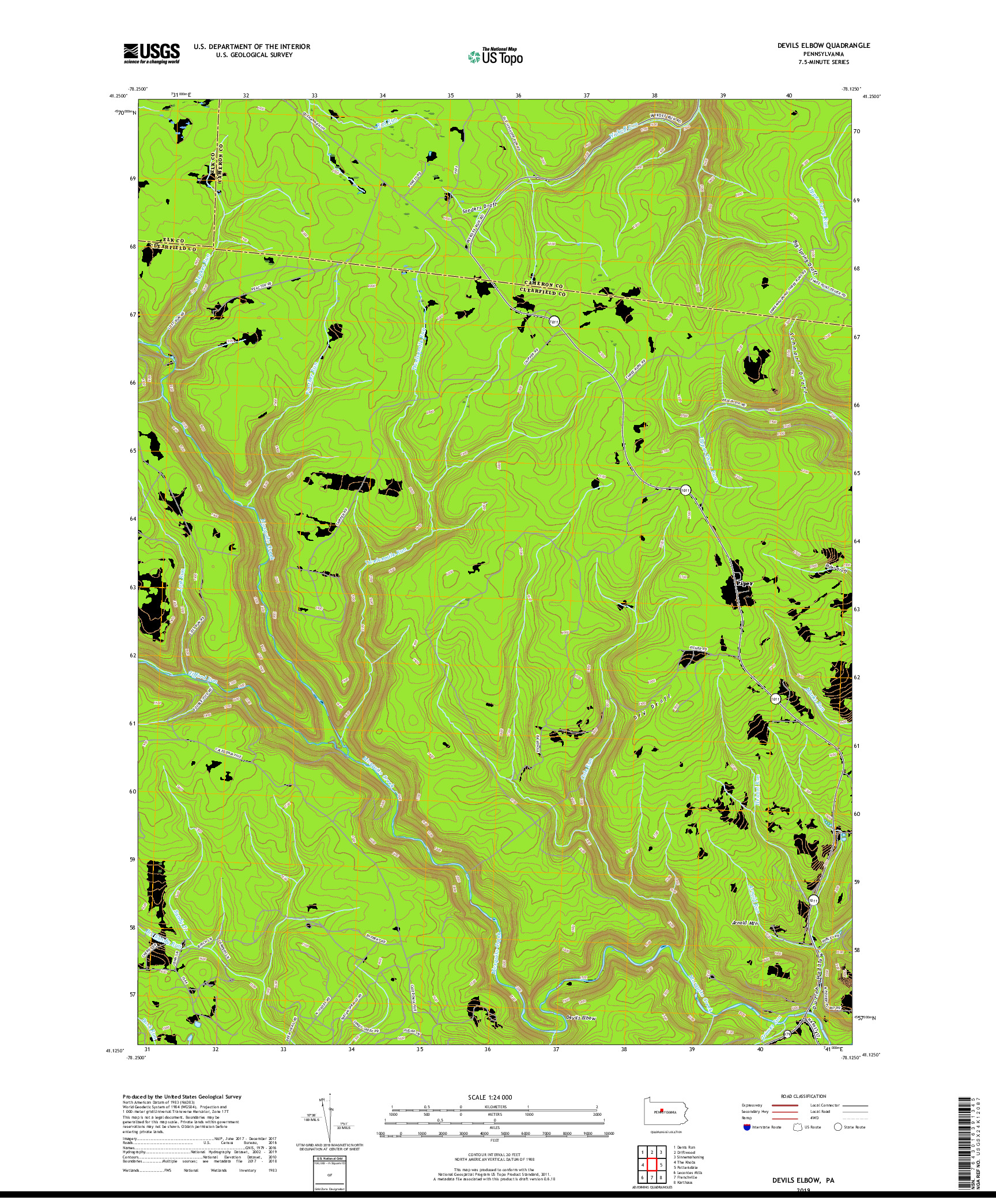 USGS US TOPO 7.5-MINUTE MAP FOR DEVILS ELBOW, PA 2019