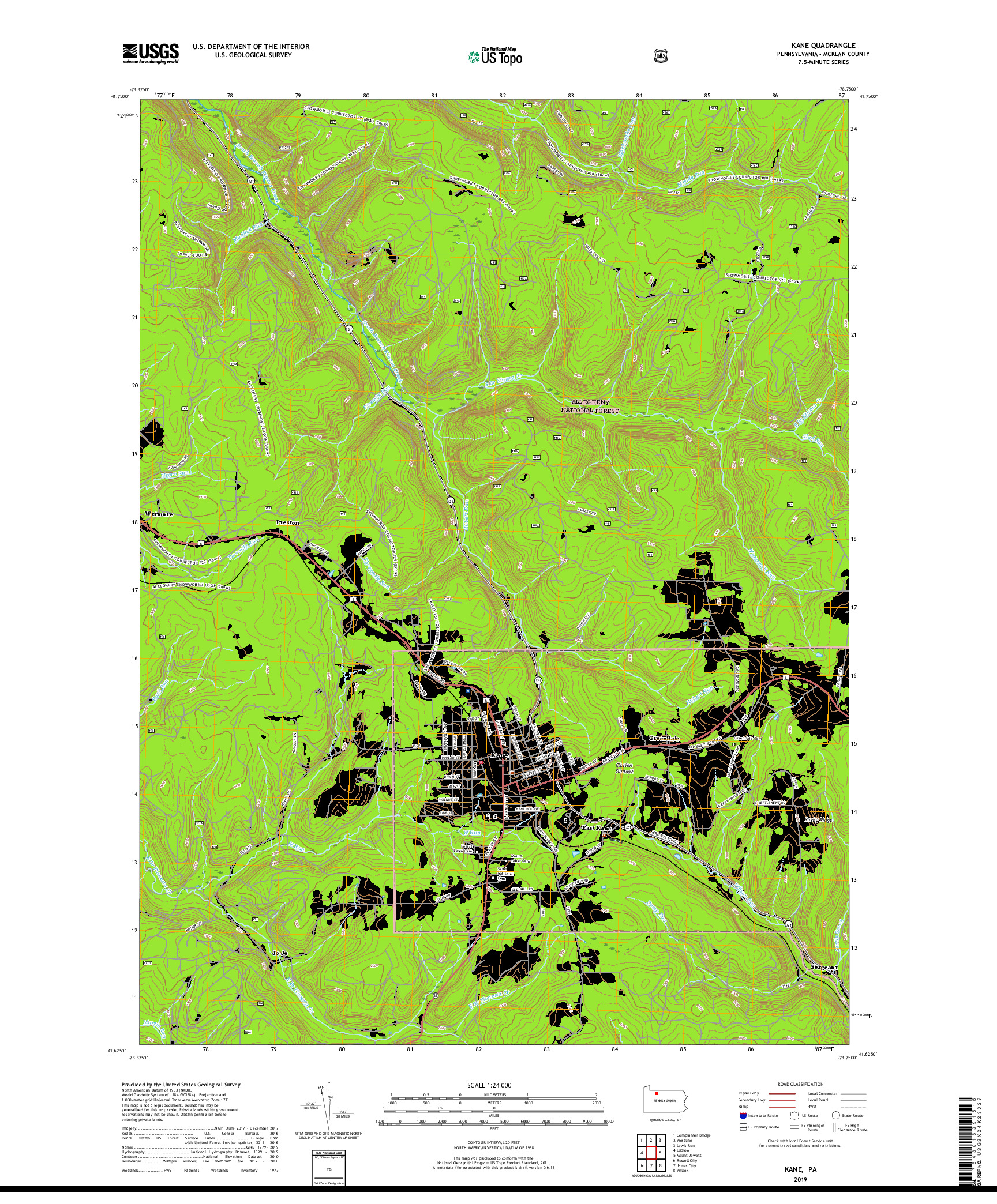 USGS US TOPO 7.5-MINUTE MAP FOR KANE, PA 2019
