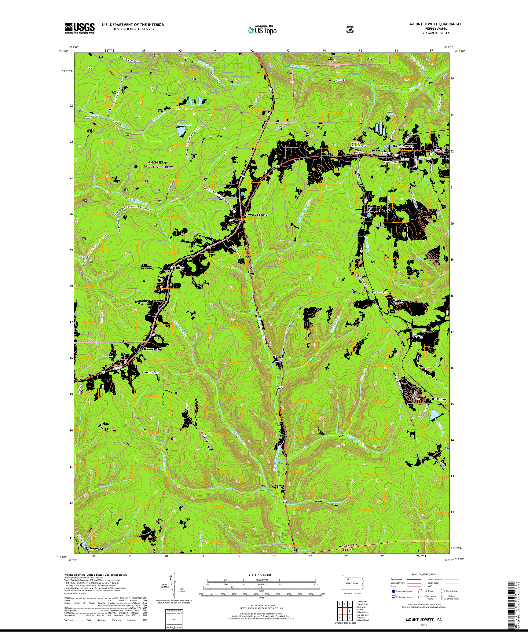 USGS US TOPO 7.5-MINUTE MAP FOR MOUNT JEWETT, PA 2019